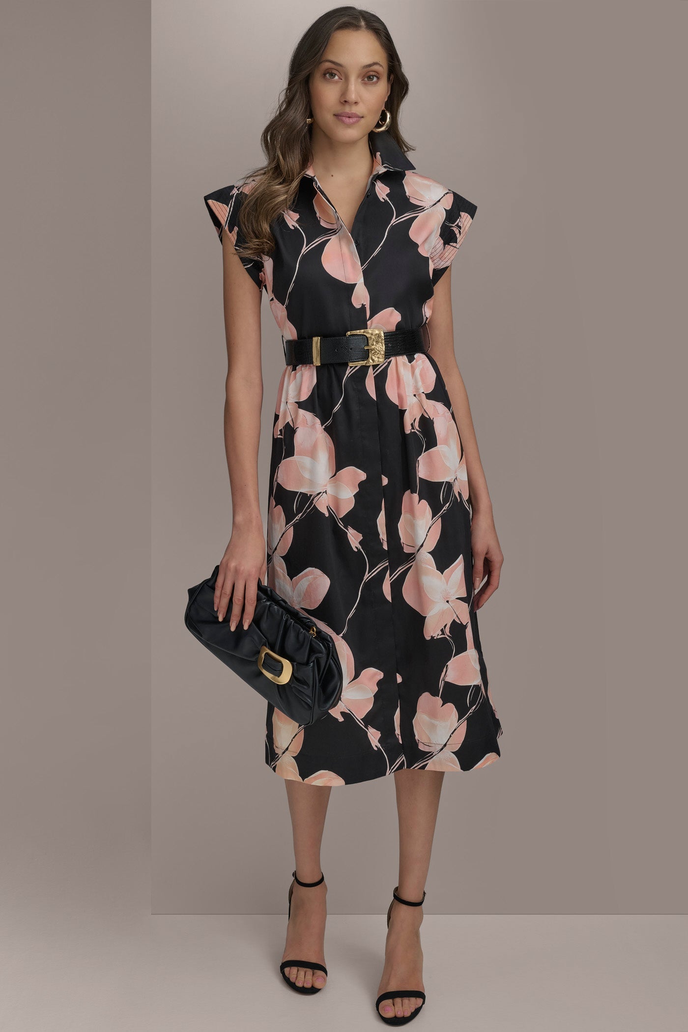 BLACK MULTI SATEEN CAP SLEEVE PRINTED SHIRT DRESS Donna Karan