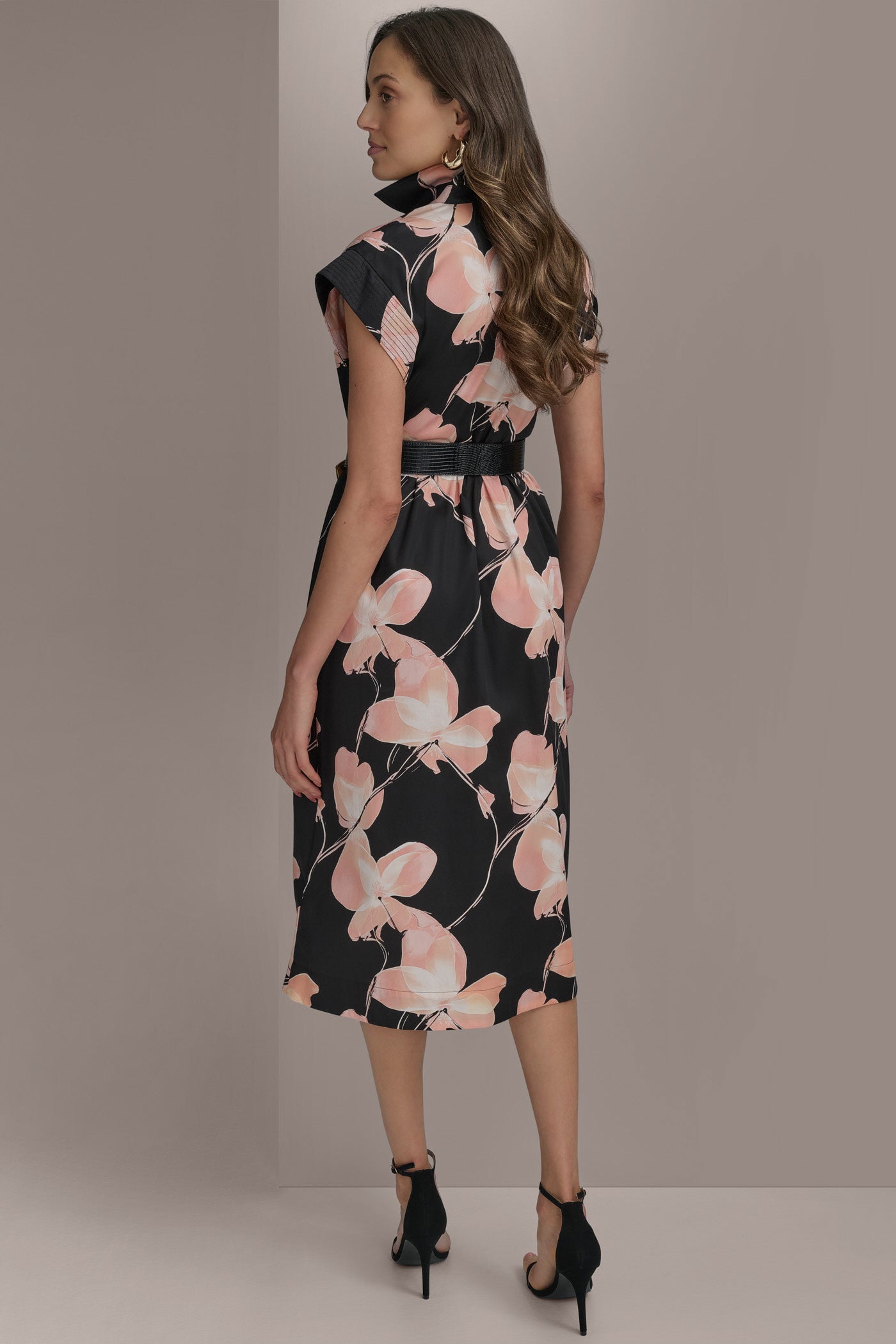 BLACK MULTI SATEEN CAP SLEEVE PRINTED SHIRT DRESS Donna Karan