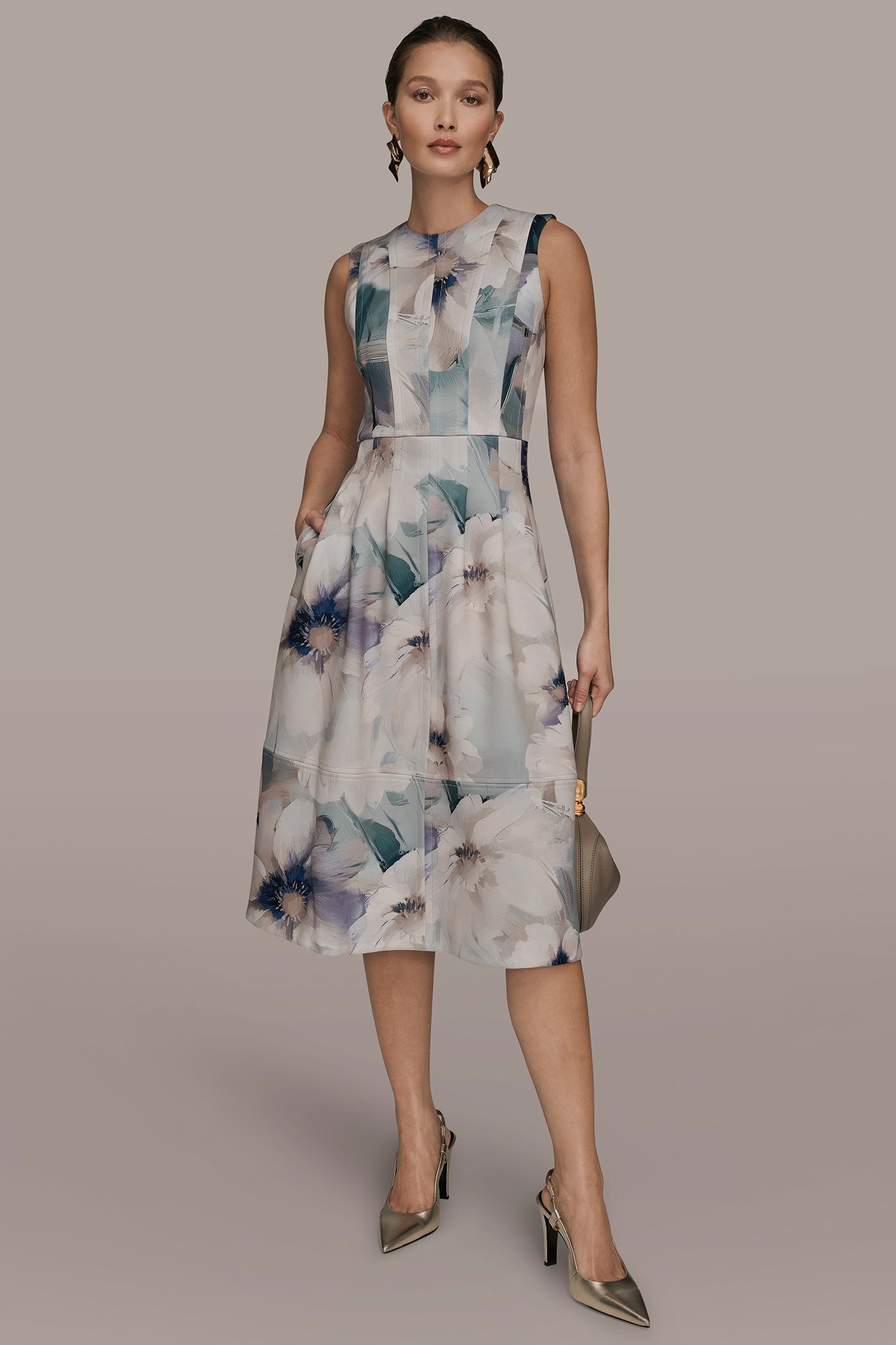 LAUREL MULTI FLORAL SLEEVELESS MIDI DRESS Donna Karan