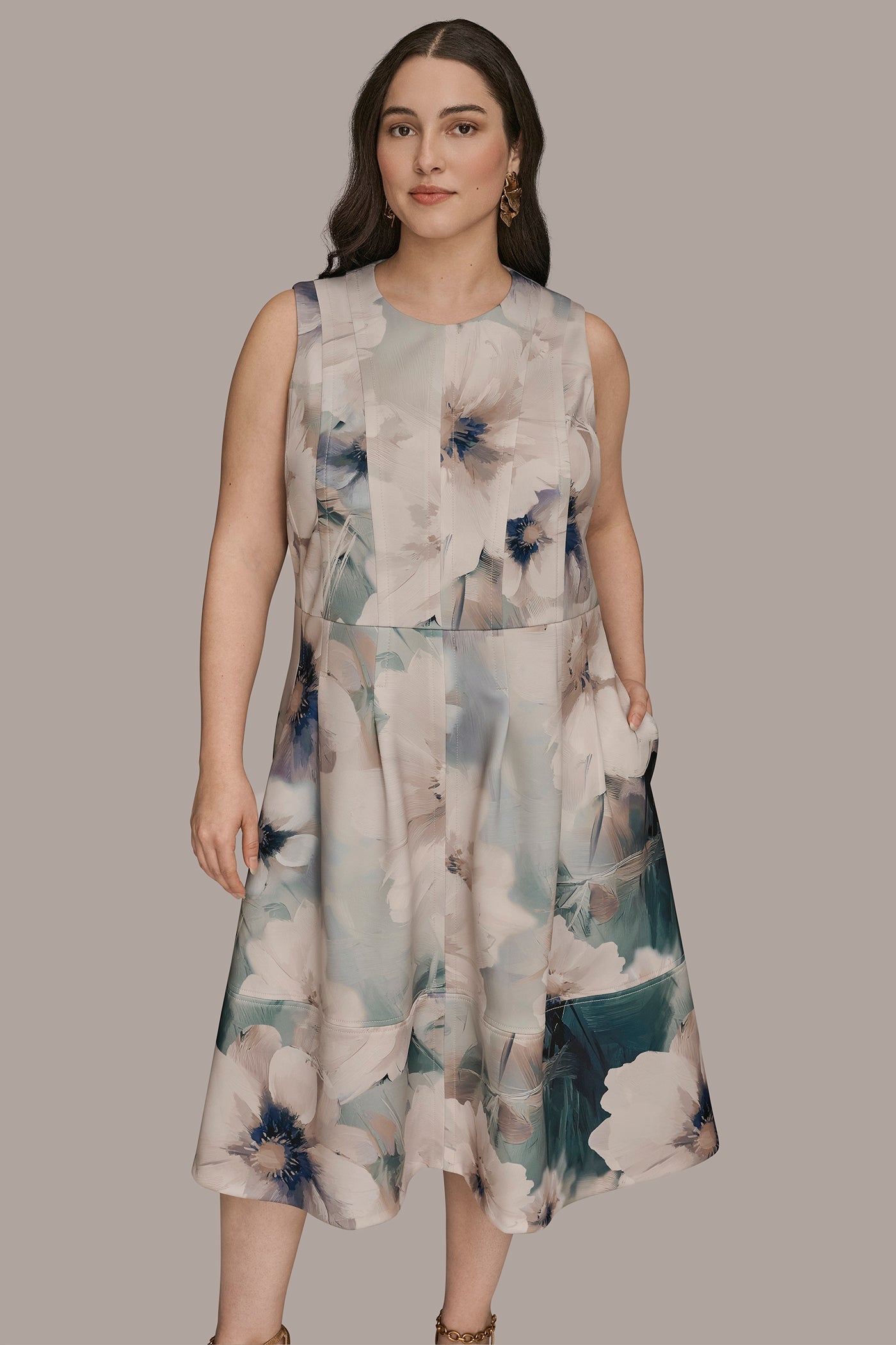 LAUREL MULTI FLORAL SLEEVELESS MIDI DRESS Donna Karan