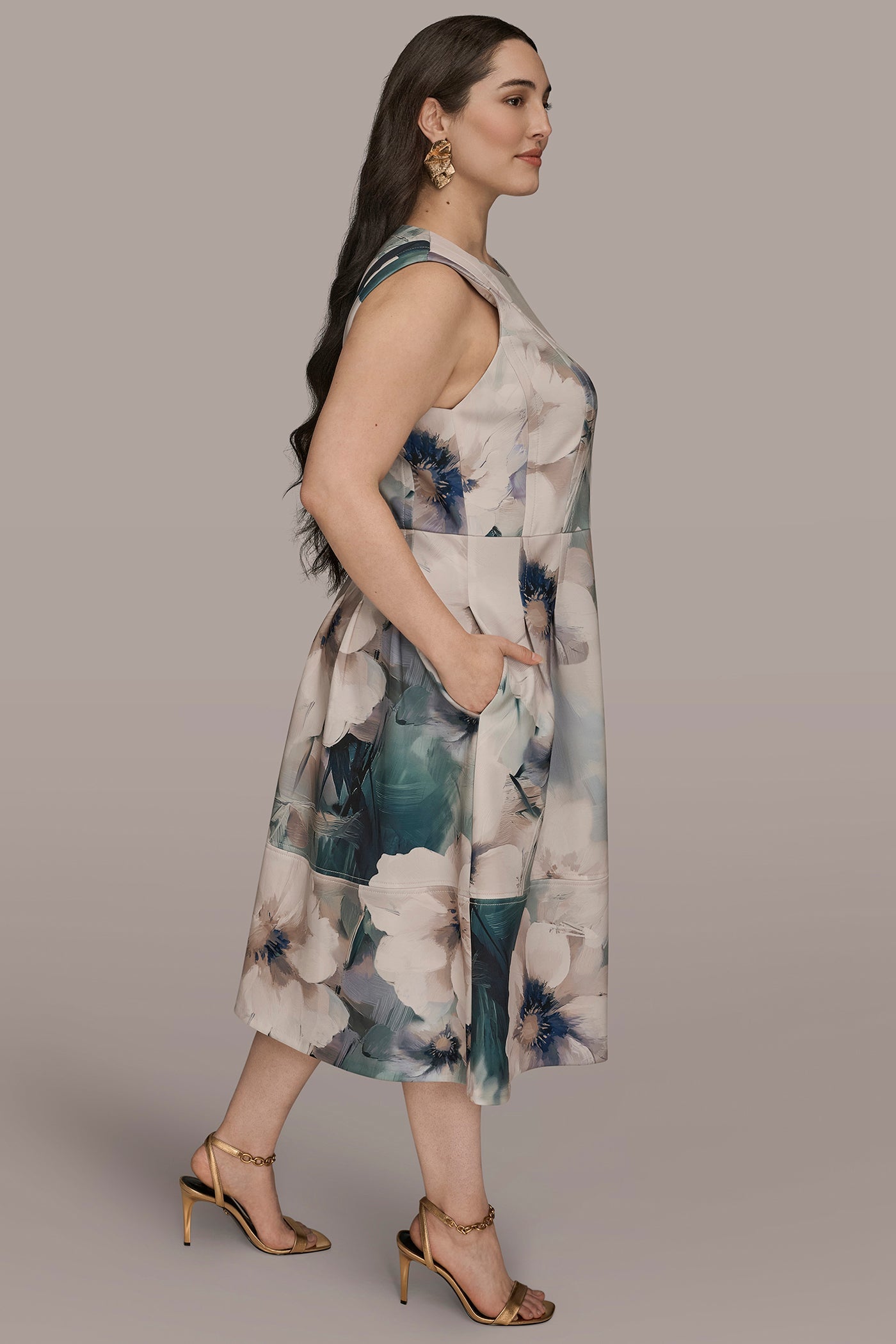 LAUREL MULTI FLORAL SLEEVELESS MIDI DRESS Donna Karan