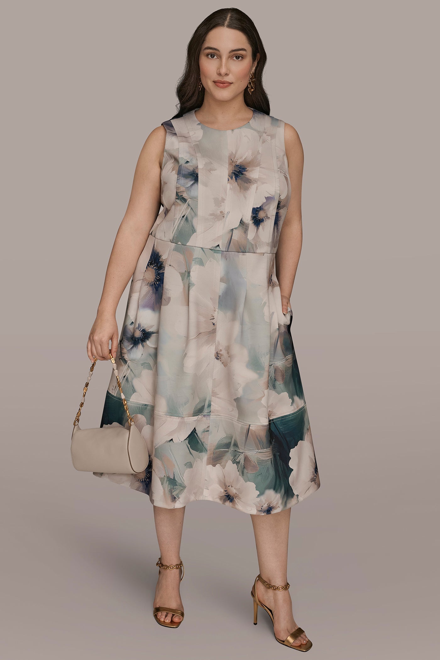 LAUREL MULTI FLORAL SLEEVELESS MIDI DRESS Donna Karan