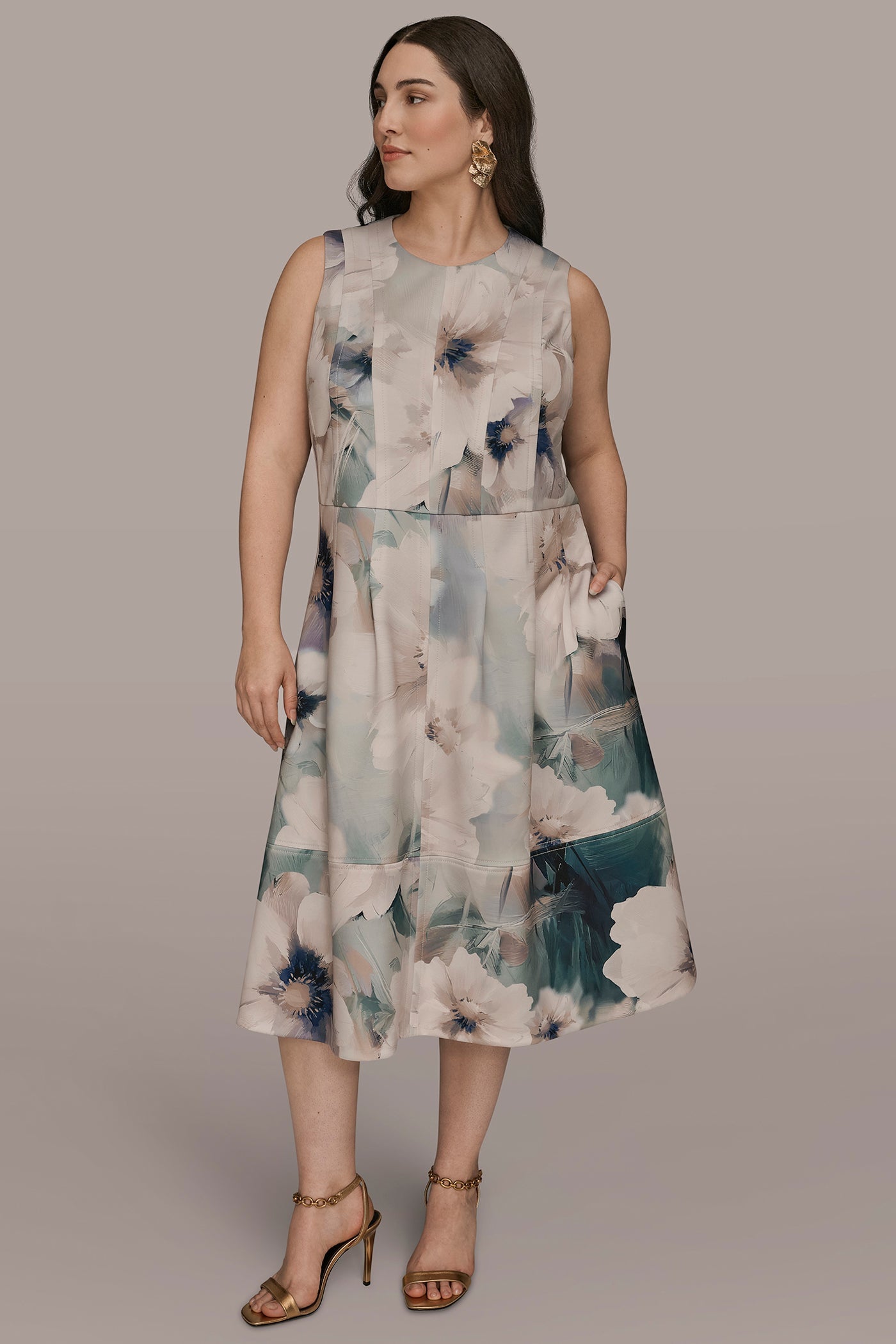 LAUREL MULTI FLORAL SLEEVELESS MIDI DRESS Donna Karan