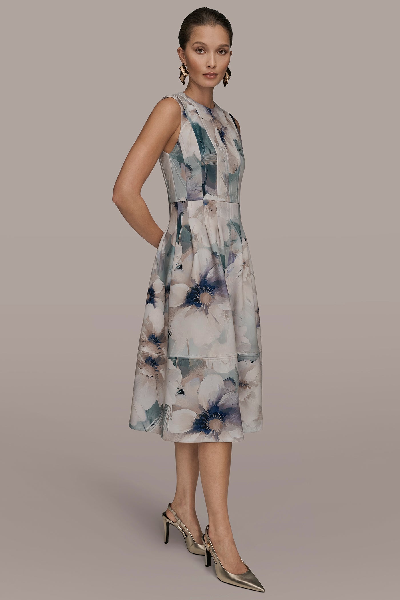 LAUREL MULTI FLORAL SLEEVELESS MIDI DRESS Donna Karan