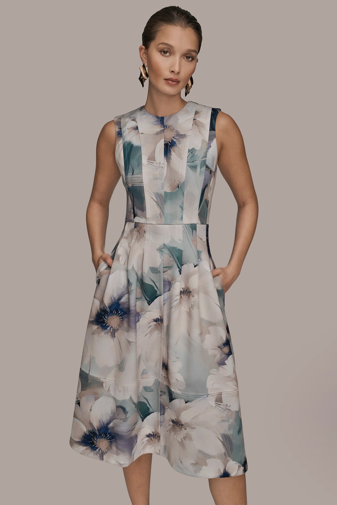 LAUREL MULTI FLORAL SLEEVELESS MIDI DRESS Donna Karan