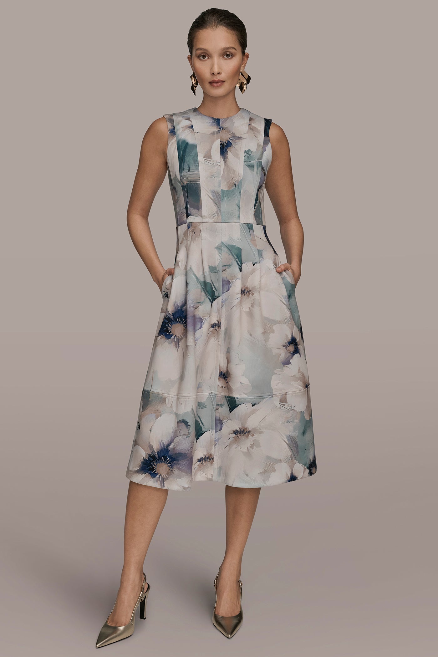 LAUREL MULTI FLORAL SLEEVELESS MIDI DRESS Donna Karan