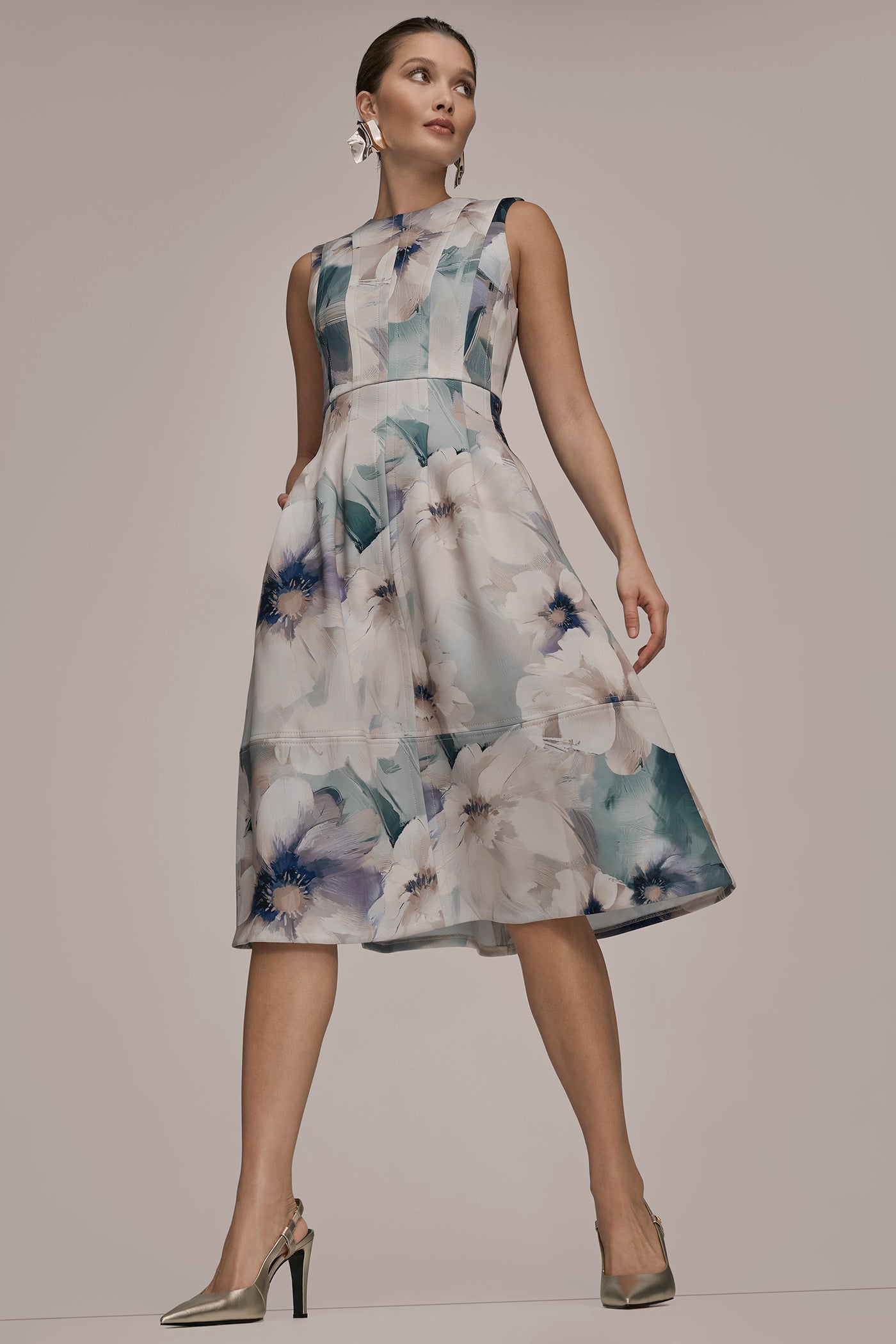 LAUREL MULTI FLORAL SLEEVELESS MIDI DRESS Donna Karan