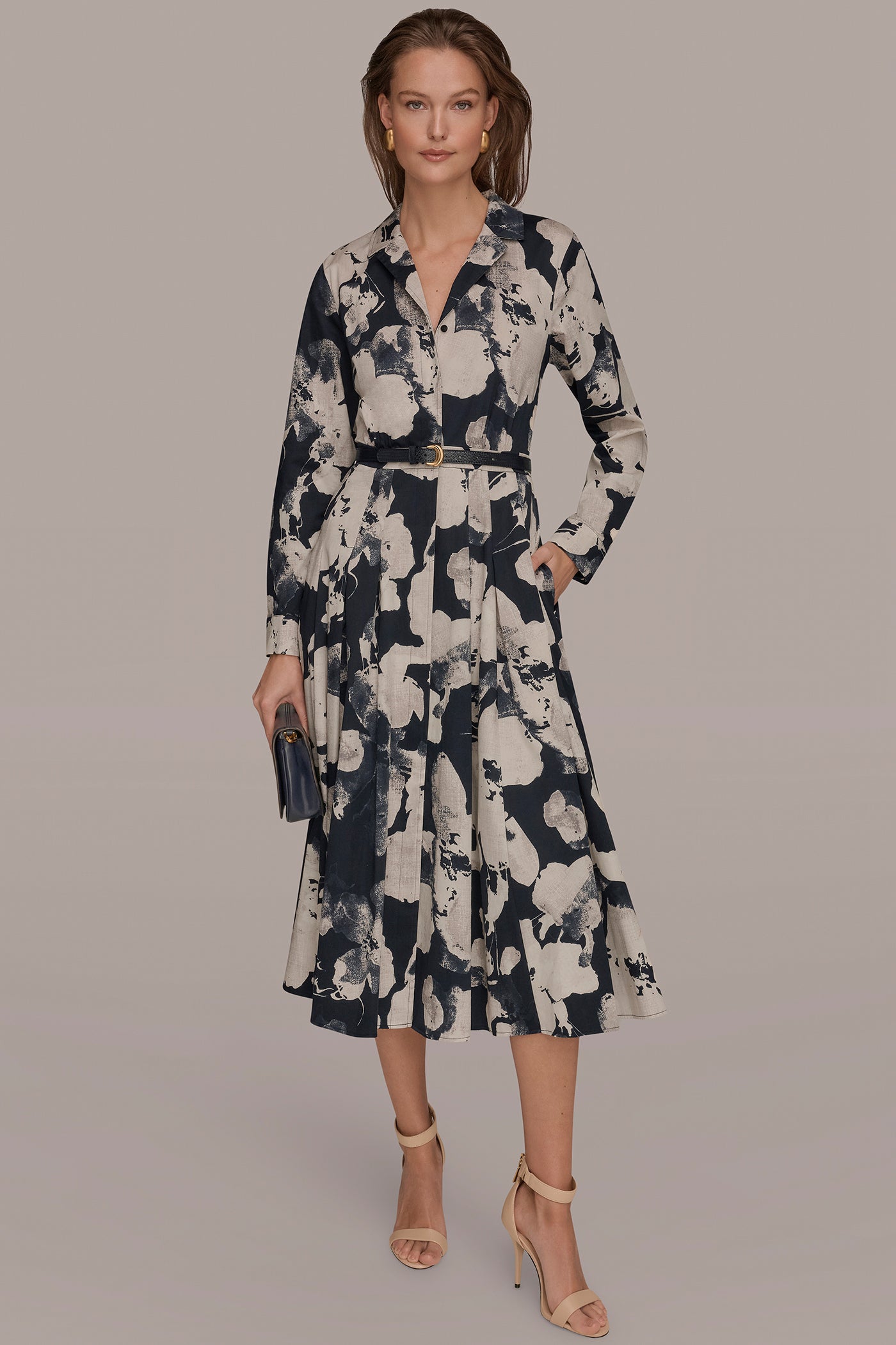 NIGHTFALL MULTI PRINTED LONG-SLEEVE BUTTON-FRONT DRESS Donna Karan