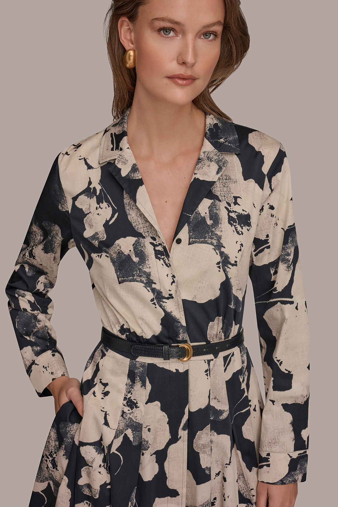 NIGHTFALL MULTI PRINTED LONG-SLEEVE BUTTON-FRONT DRESS Donna Karan