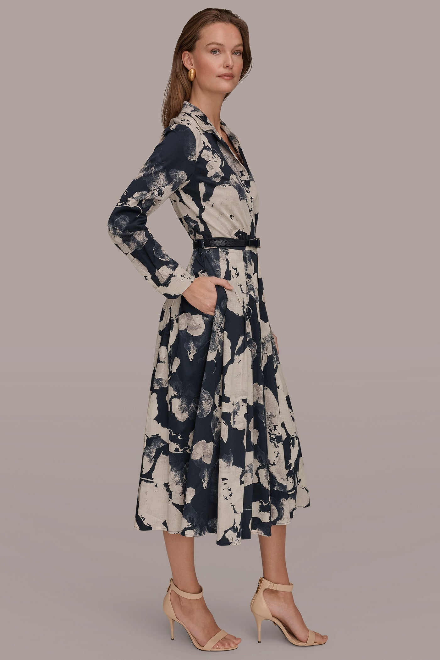 NIGHTFALL MULTI PRINTED LONG-SLEEVE BUTTON-FRONT DRESS Donna Karan