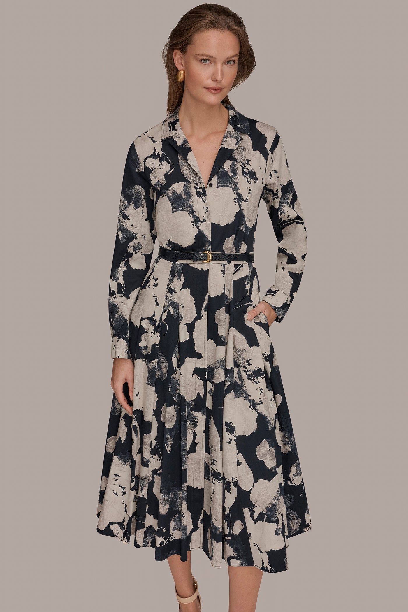 NIGHTFALL MULTI PRINTED LONG-SLEEVE BUTTON-FRONT DRESS Donna Karan