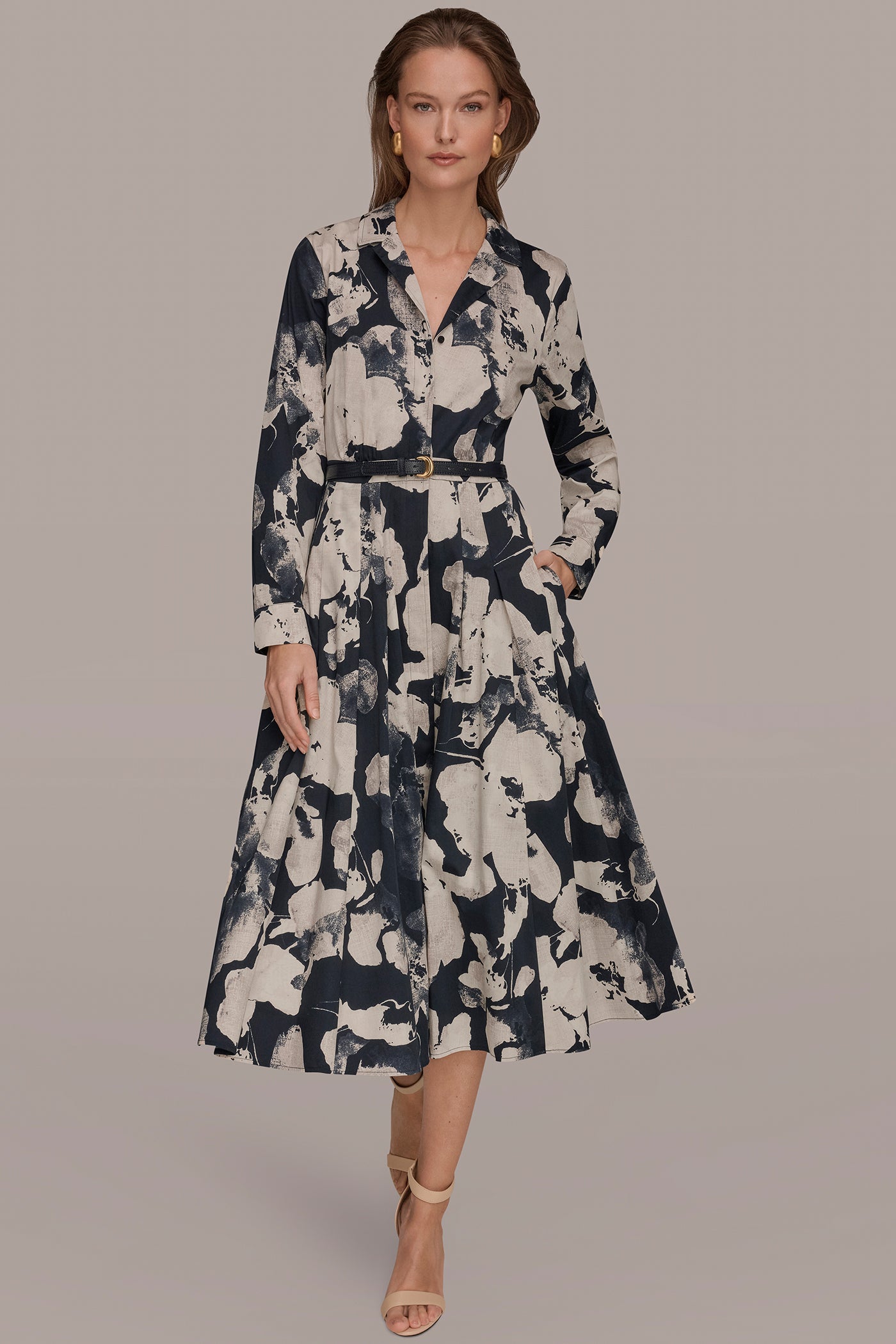 NIGHTFALL MULTI PRINTED LONG-SLEEVE BUTTON-FRONT DRESS Donna Karan
