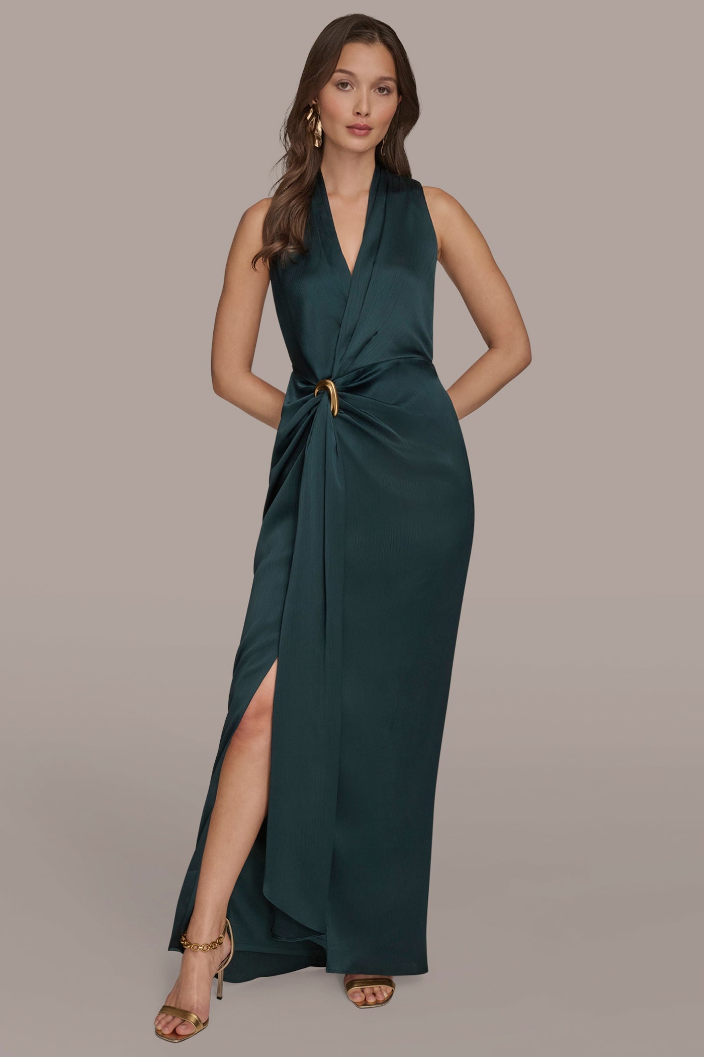 HUDSON CRINKLE SATIN SLEEVELESS MAXI WRAP DRESS Donna Karan