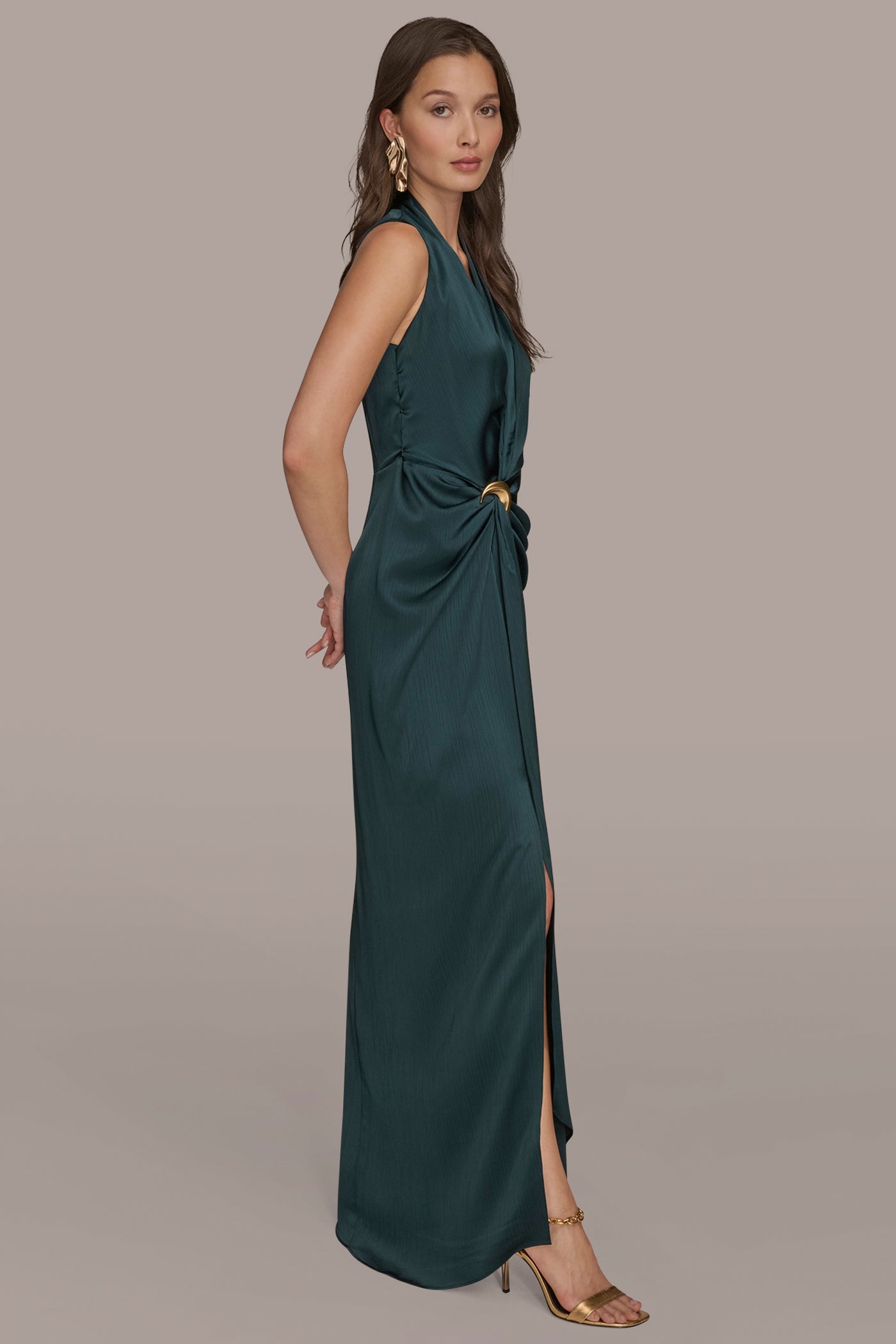 HUDSON CRINKLE SATIN SLEEVELESS MAXI WRAP DRESS Donna Karan