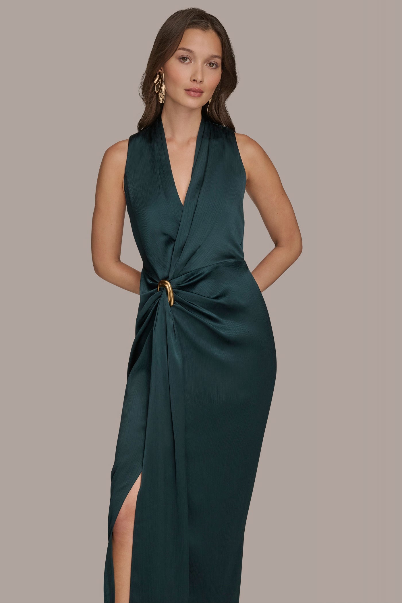 HUDSON CRINKLE SATIN SLEEVELESS MAXI WRAP DRESS Donna Karan