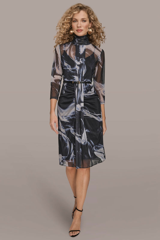BLACK/VAPOR MULTI BELTED DRAPED PRINTED DRESS Donna Karan