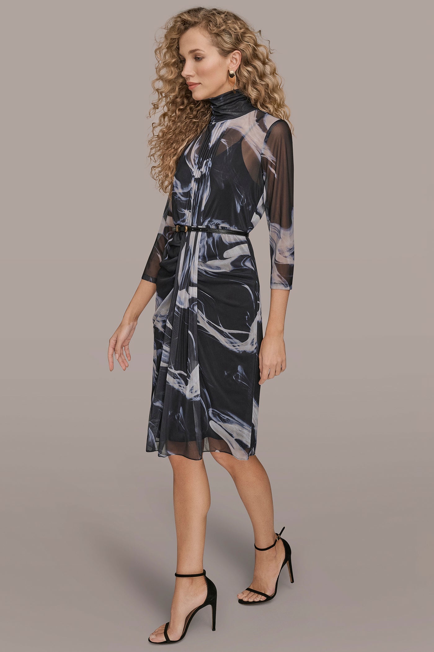BLACK/VAPOR MULTI BELTED DRAPED PRINTED DRESS Donna Karan