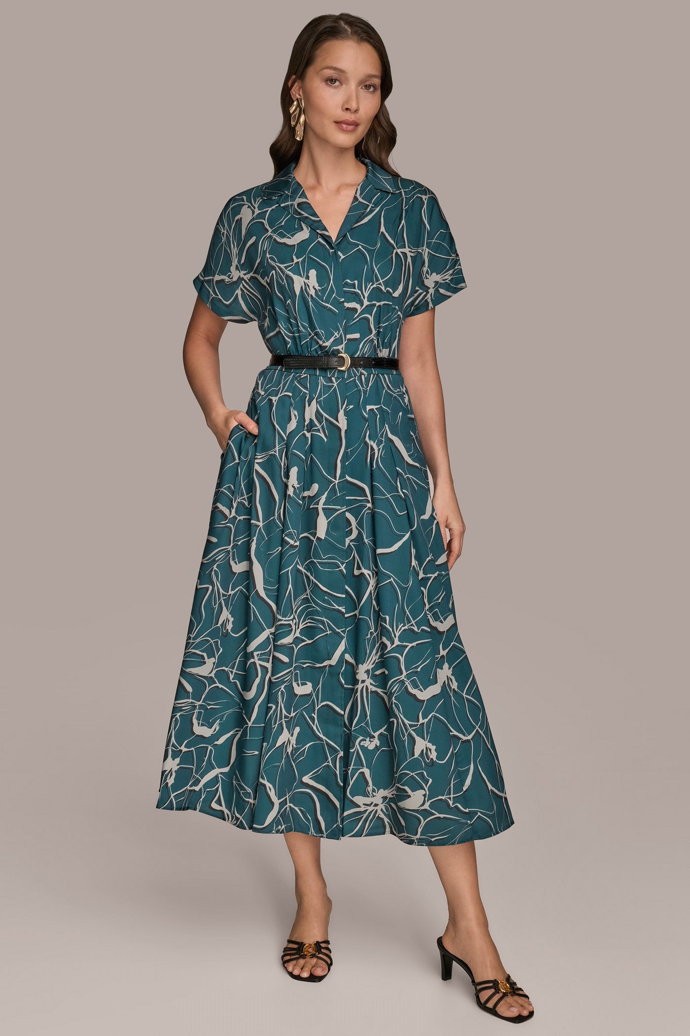 HUDSON SHORT SLEEVE FLORAL MIDI SHIRT DRESS Donna Karan