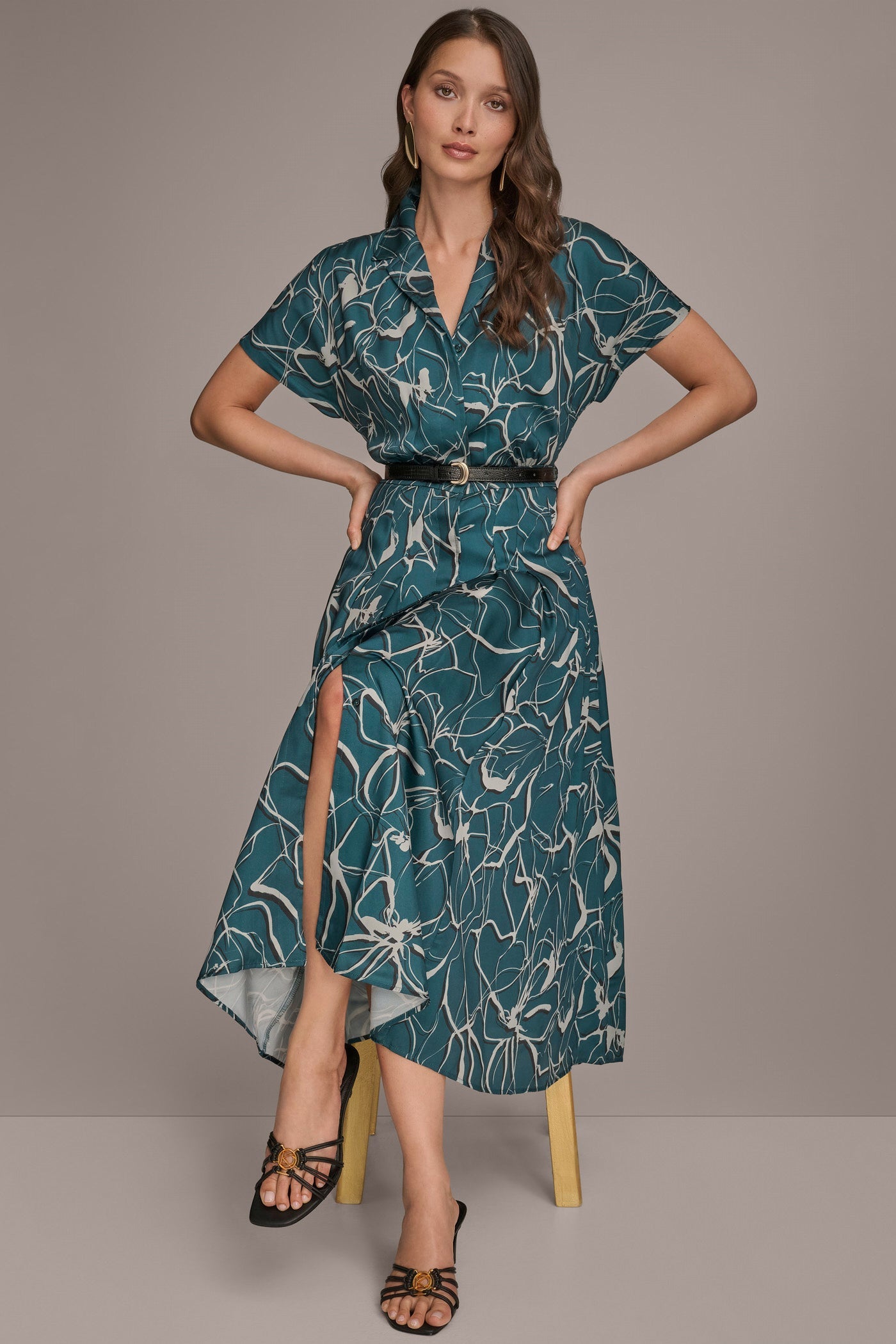 HUDSON SHORT SLEEVE FLORAL MIDI SHIRT DRESS Donna Karan