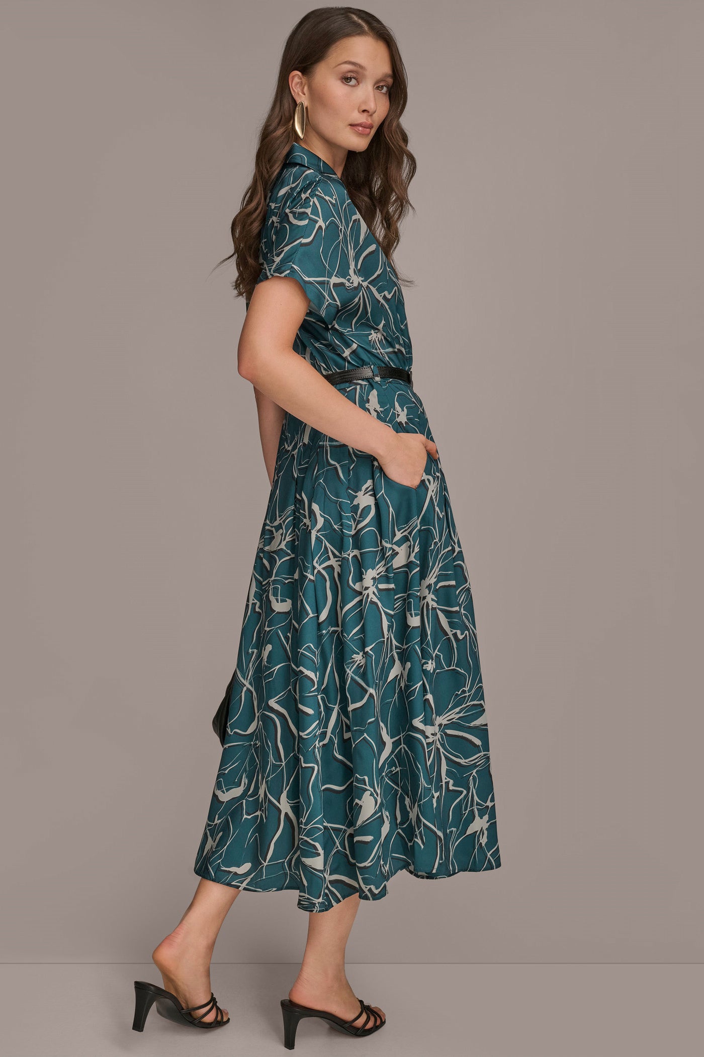 HUDSON SHORT SLEEVE FLORAL MIDI SHIRT DRESS Donna Karan
