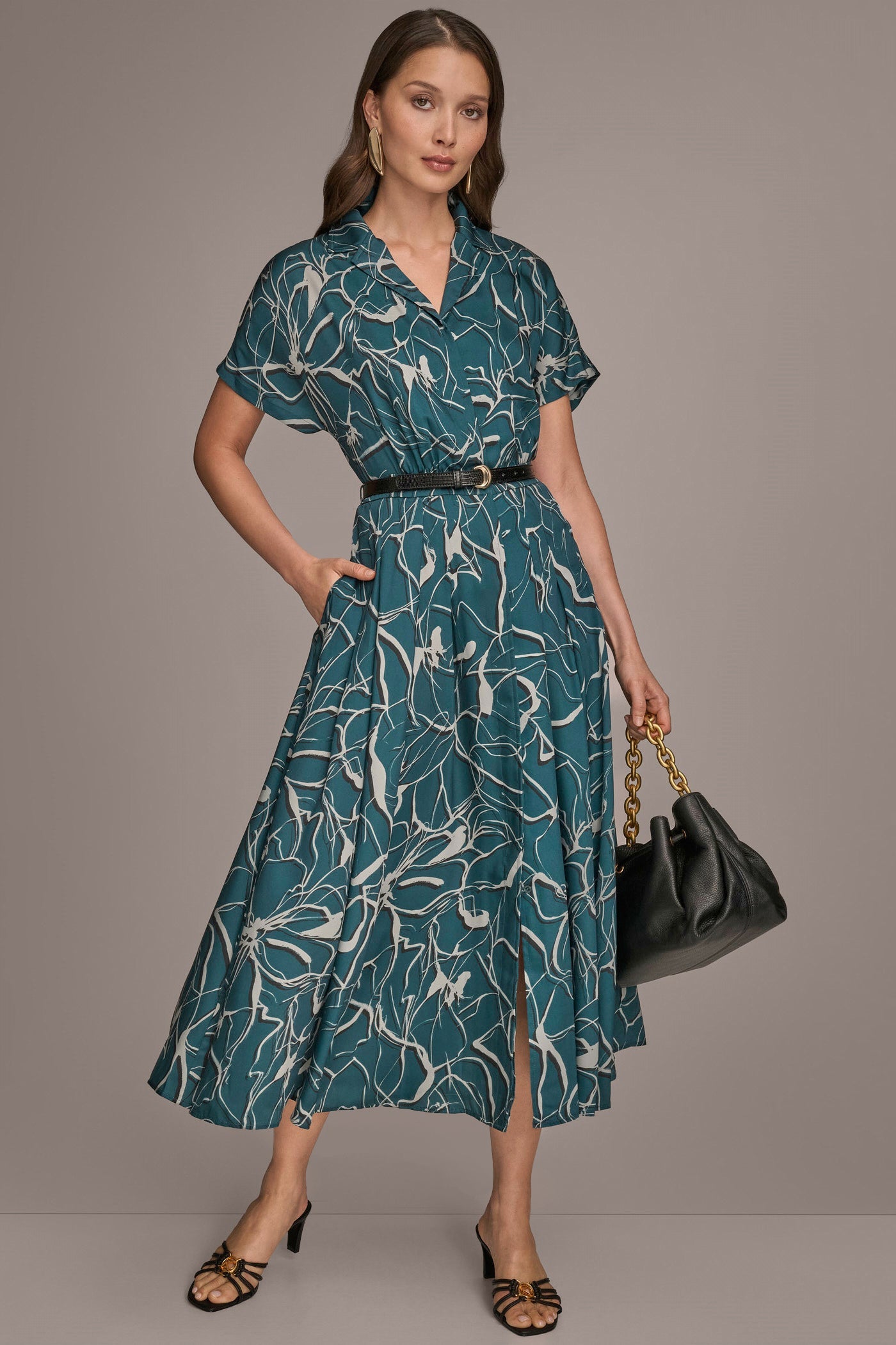 HUDSON SHORT SLEEVE FLORAL MIDI SHIRT DRESS Donna Karan