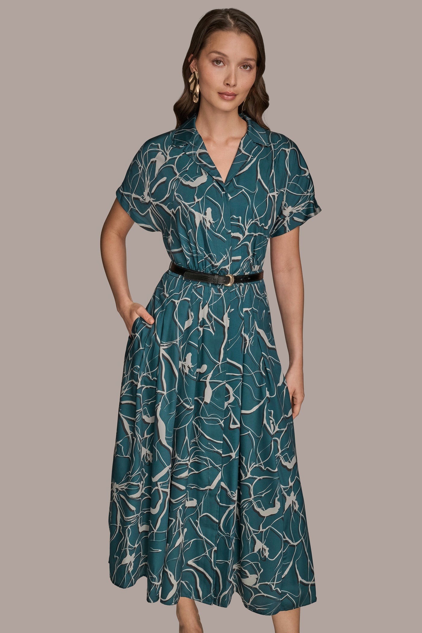 HUDSON SHORT SLEEVE FLORAL MIDI SHIRT DRESS Donna Karan