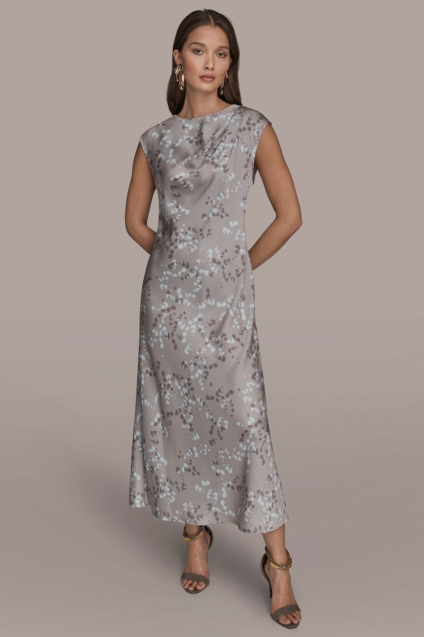 DRIFTWOOD MULTI CAP SLEEVE V-NECK PRINTED MIDI DRESS Donna Karan
