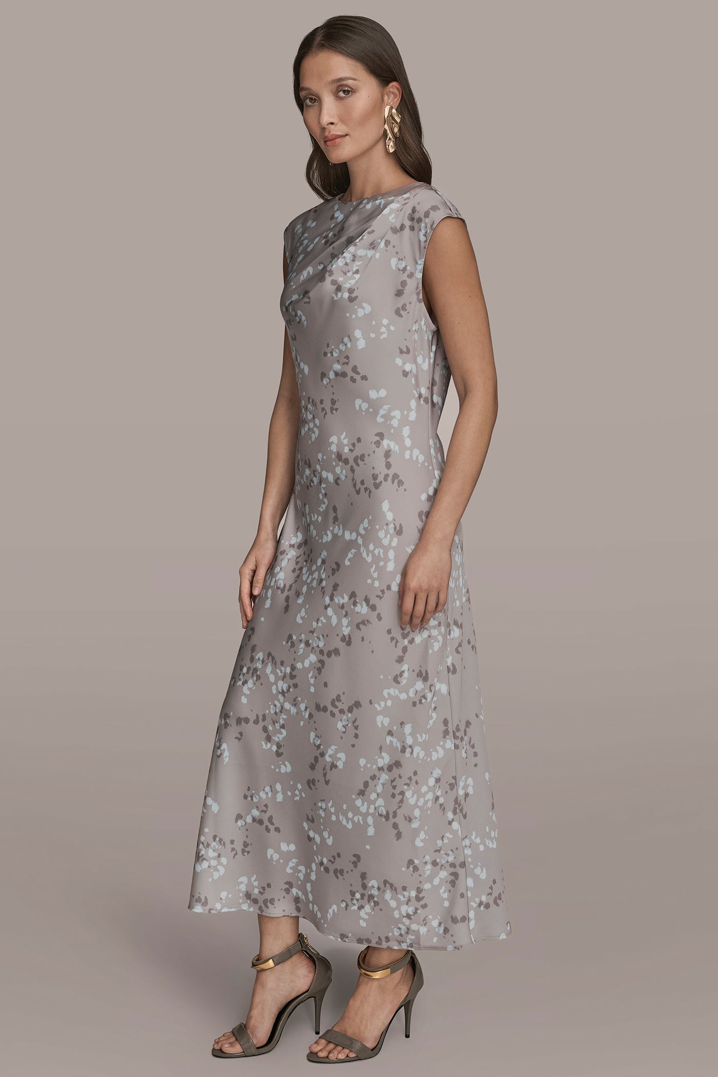 DRIFTWOOD MULTI CAP SLEEVE V-NECK PRINTED MIDI DRESS Donna Karan