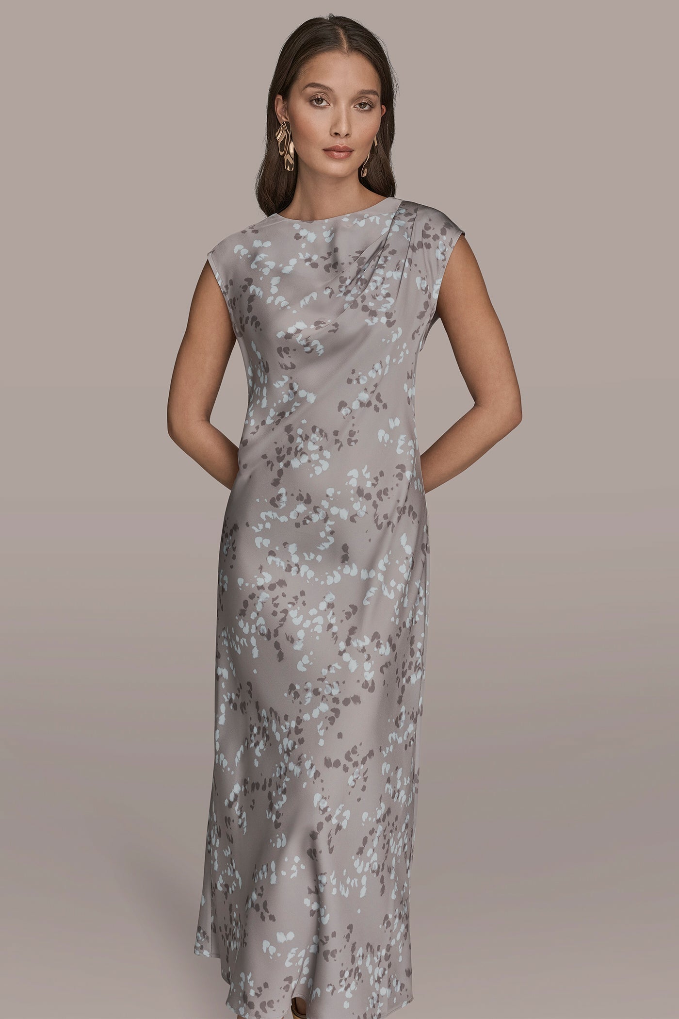 DRIFTWOOD MULTI CAP SLEEVE V-NECK PRINTED MIDI DRESS Donna Karan