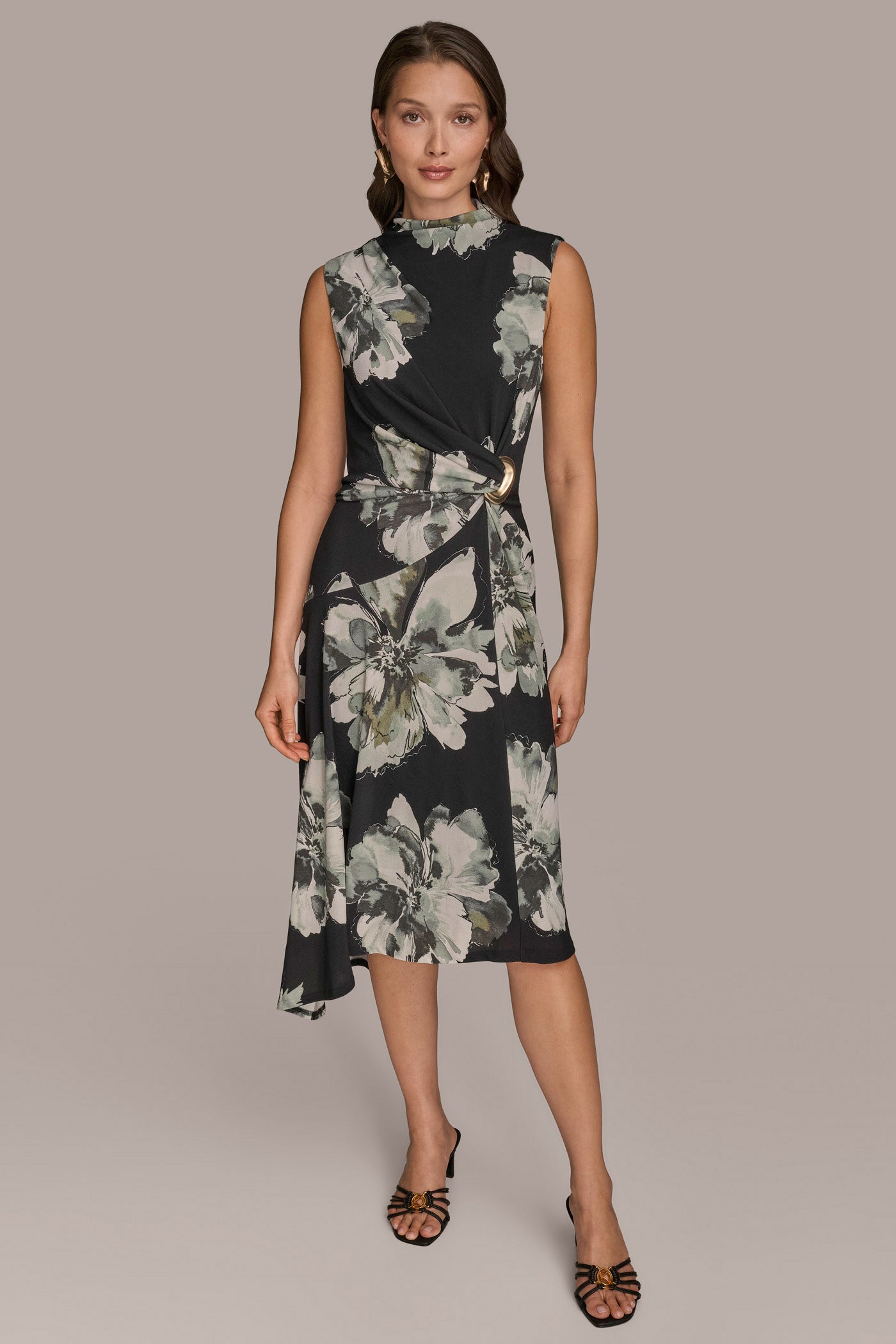 Black SLEEVELESS FLORAL TWIST ASYMMETRIC DRESS Donna Karan
