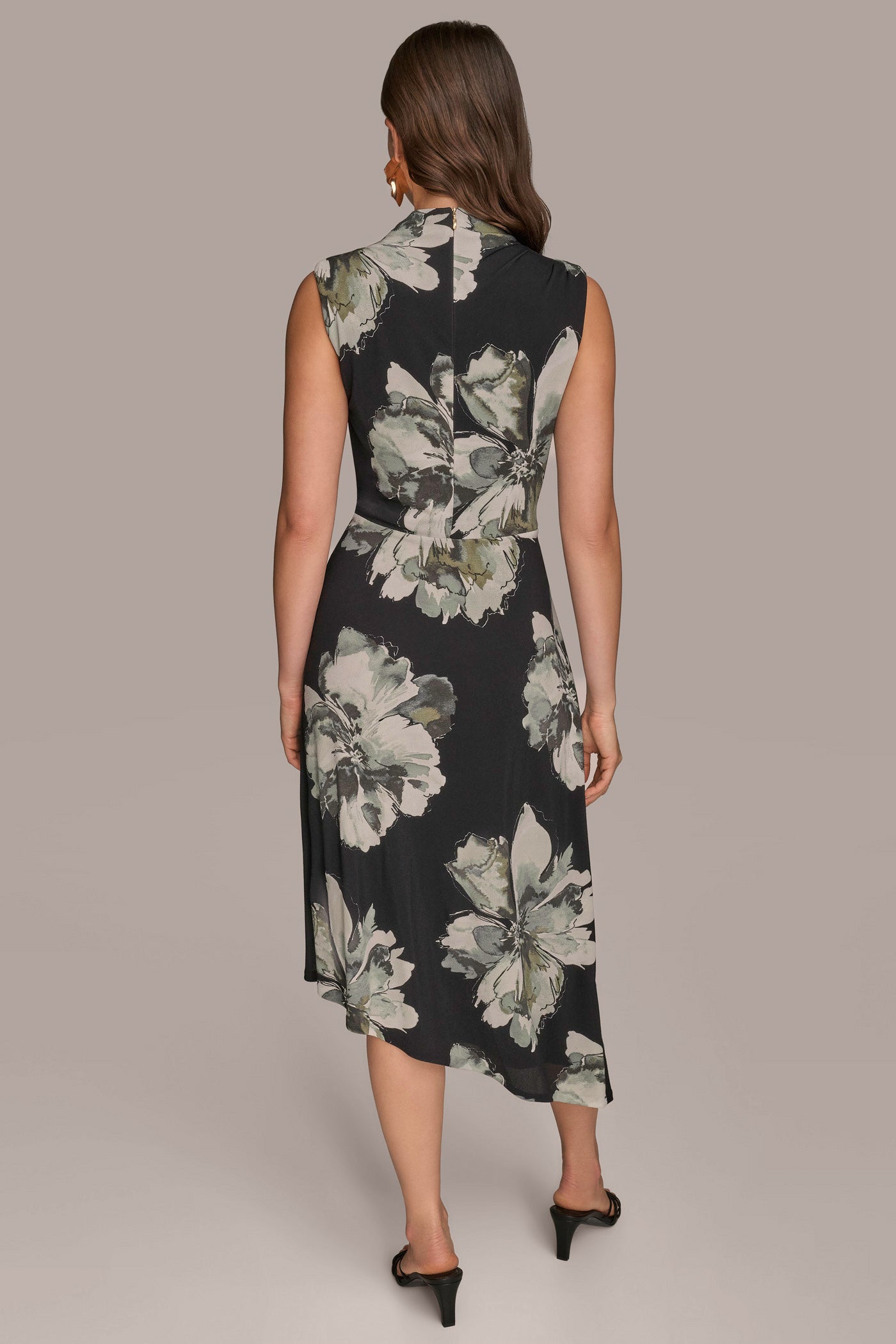 Black SLEEVELESS FLORAL TWIST ASYMMETRIC DRESS Donna Karan