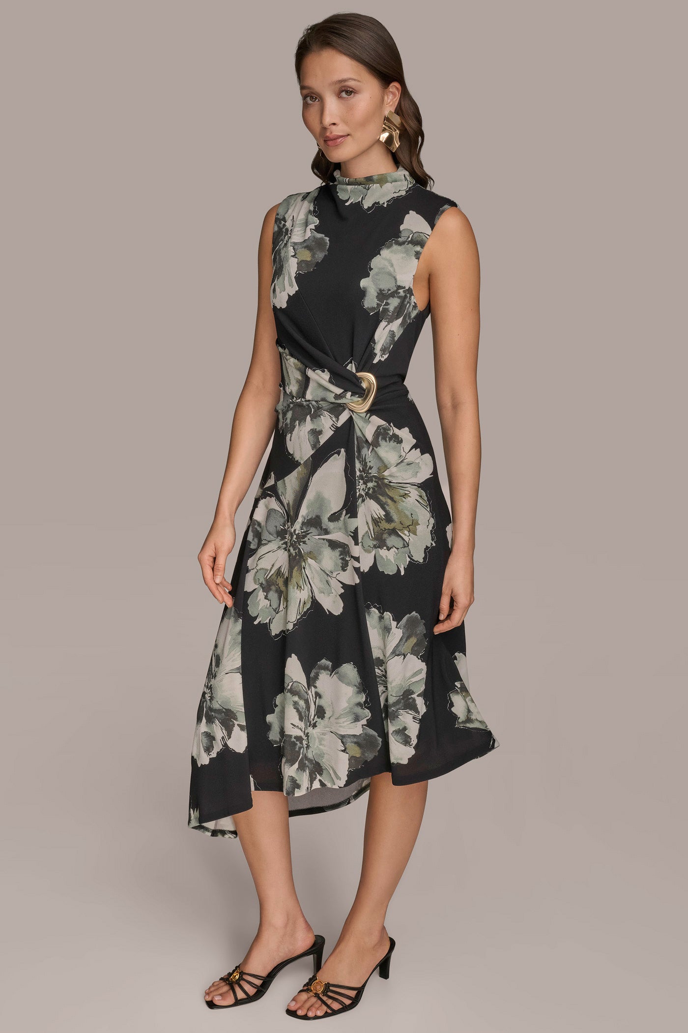 Black SLEEVELESS FLORAL TWIST ASYMMETRIC DRESS Donna Karan