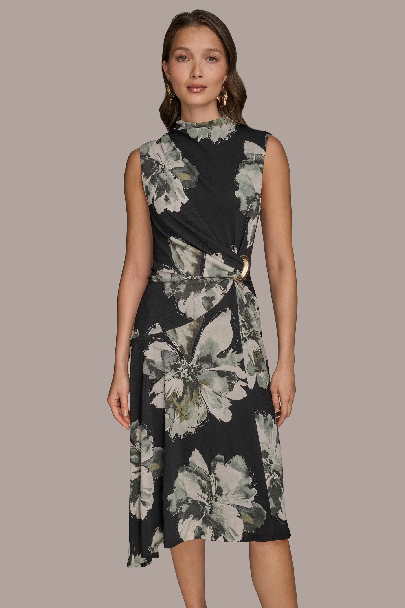 Black SLEEVELESS FLORAL TWIST ASYMMETRIC DRESS Donna Karan