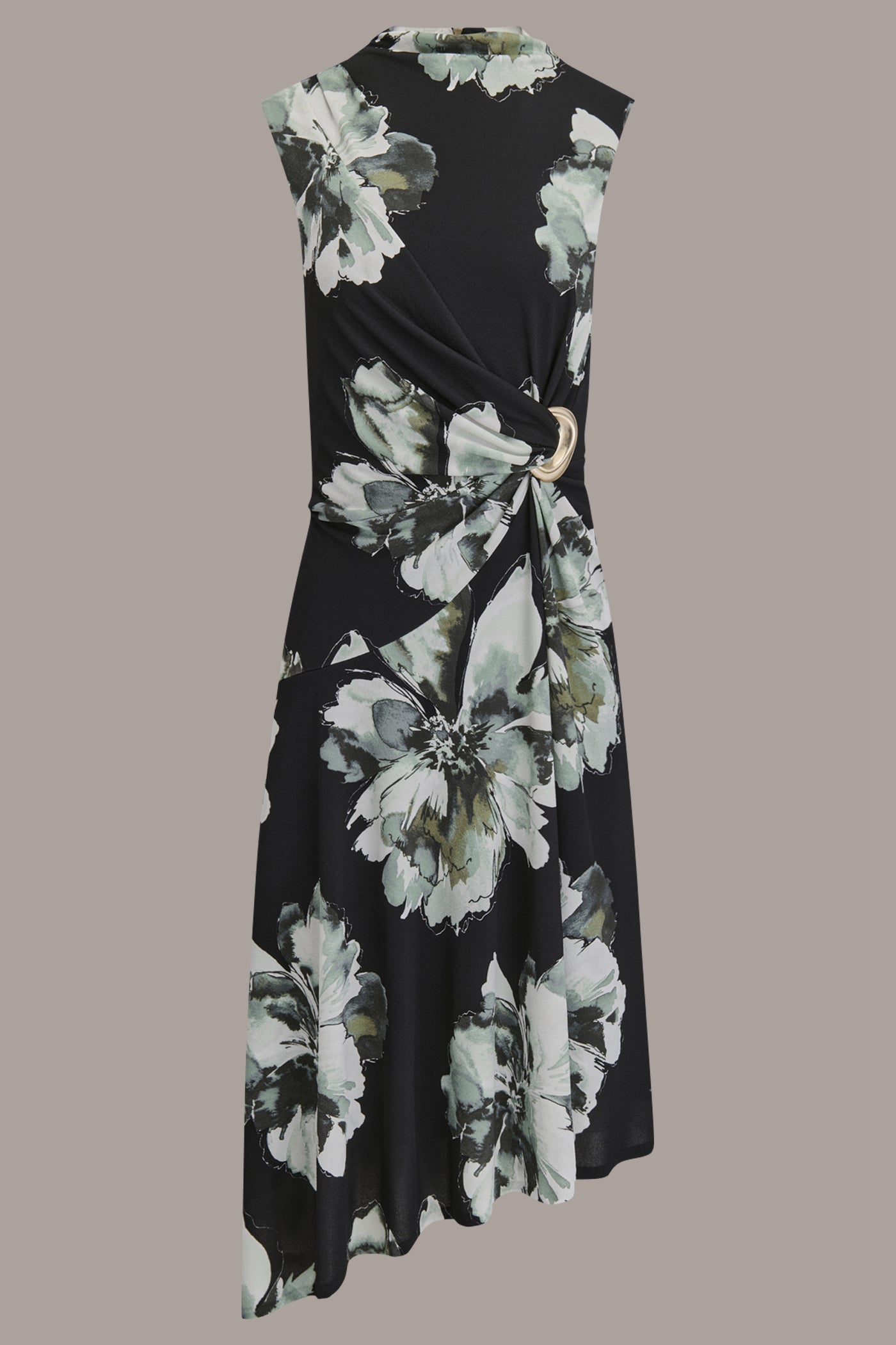 Black SLEEVELESS FLORAL TWIST ASYMMETRIC DRESS Donna Karan