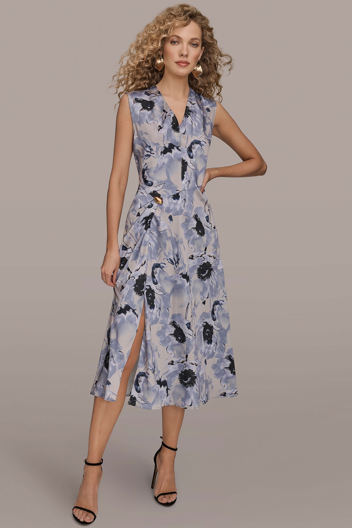 VAPOR/TEMPLE CAP SLEEVE V-NECK PRINTED MIDI DRESS Donna Karan