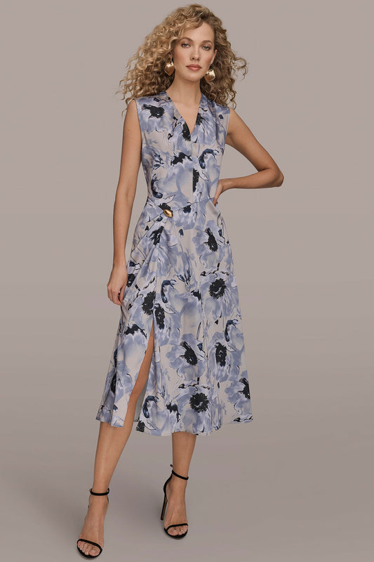 VAPOR/TEMPLE CAP SLEEVE V-NECK PRINTED MIDI DRESS Donna Karan