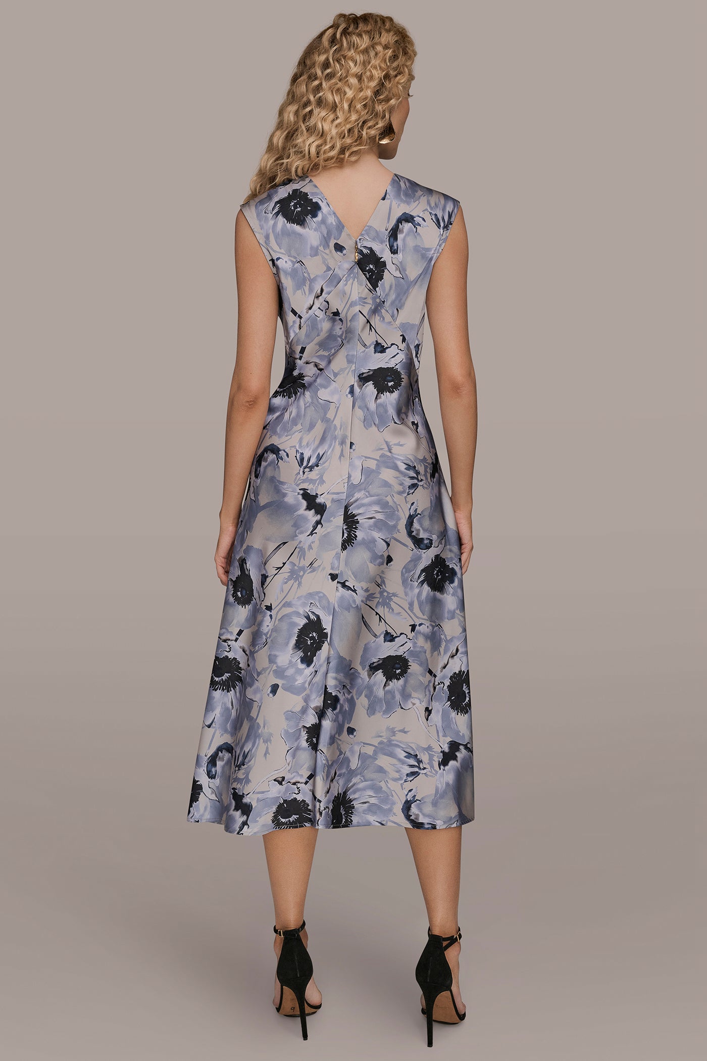 VAPOR/TEMPLE CAP SLEEVE V-NECK PRINTED MIDI DRESS Donna Karan