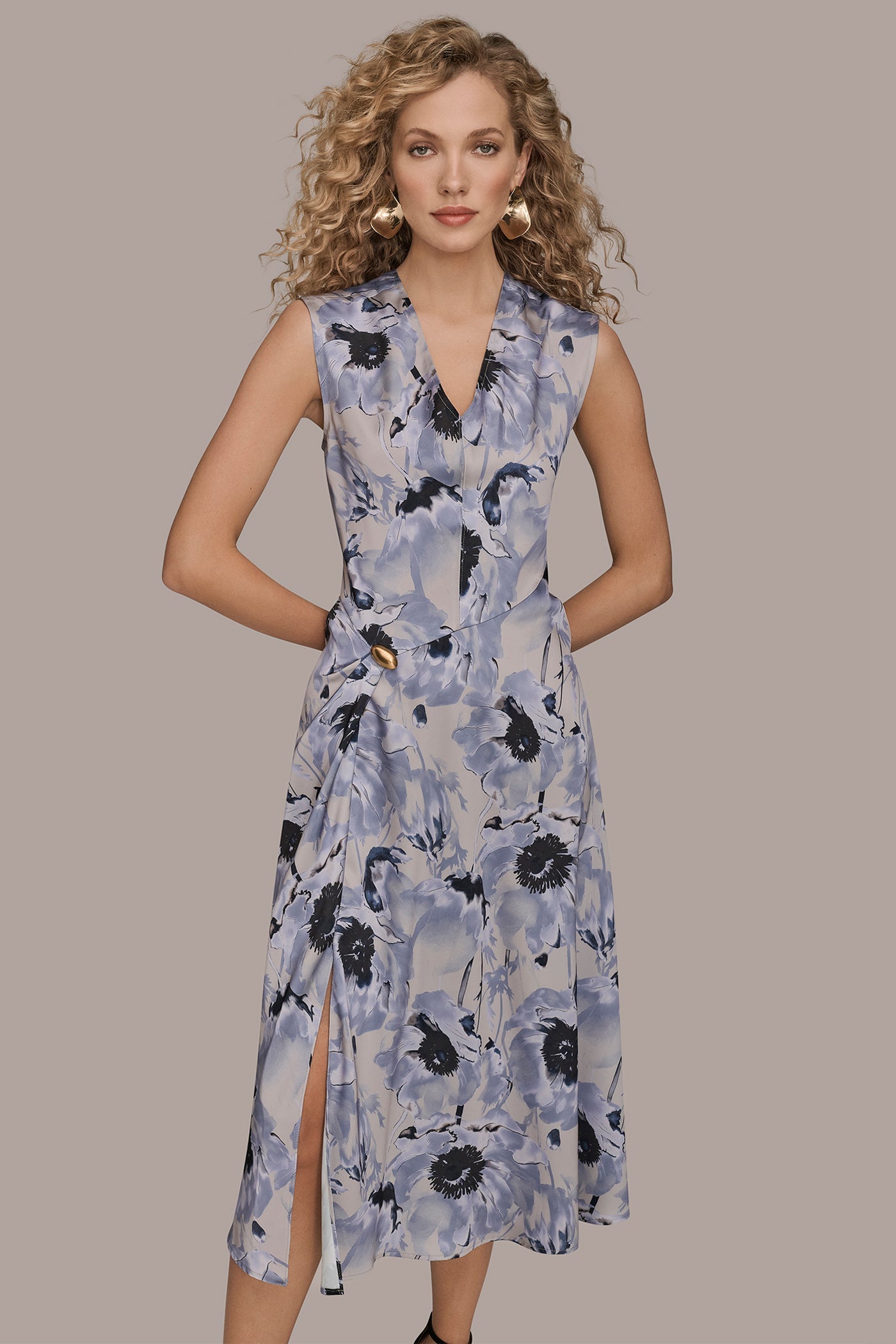 VAPOR/TEMPLE CAP SLEEVE V-NECK PRINTED MIDI DRESS Donna Karan