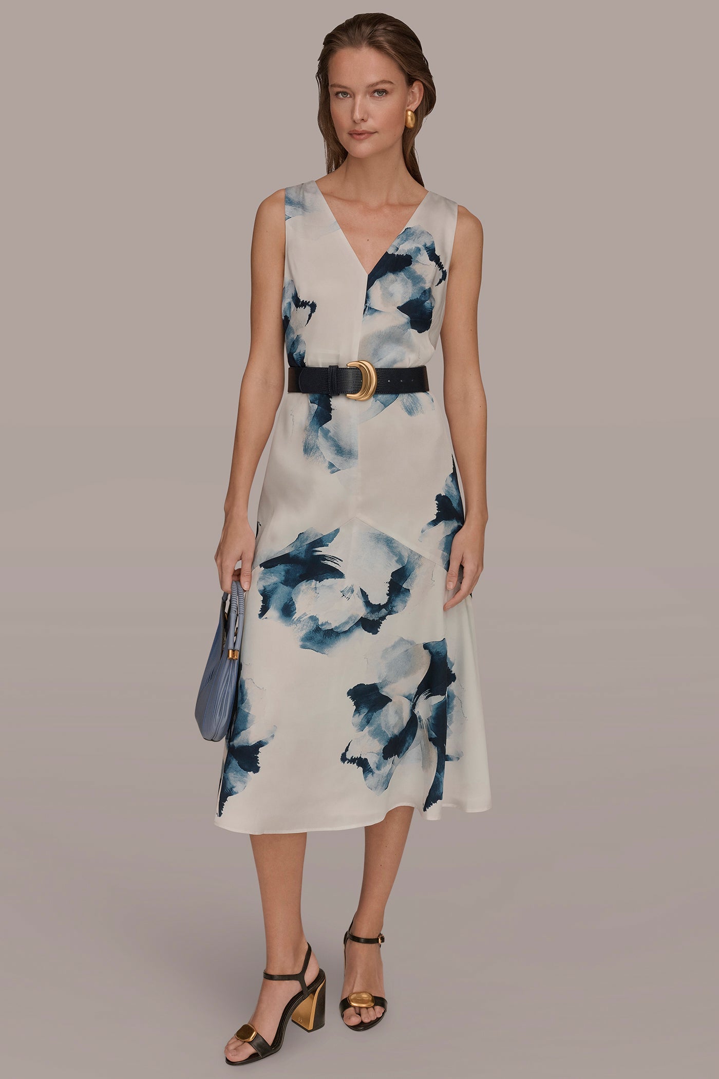 Nightfall/Sea Mist V-NECK FLORAL DRESS Donna Karan