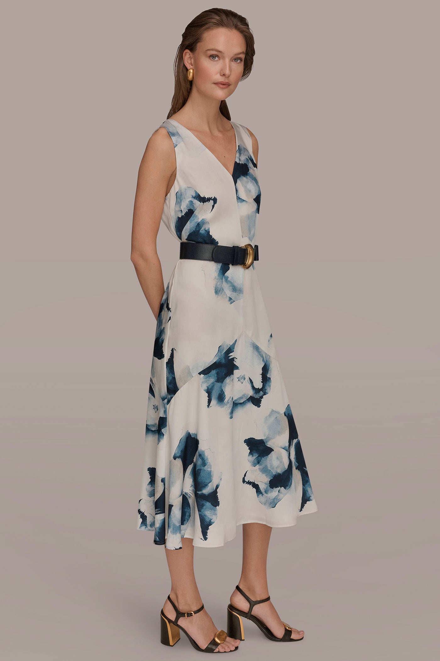 Nightfall/Sea Mist V-NECK FLORAL DRESS Donna Karan