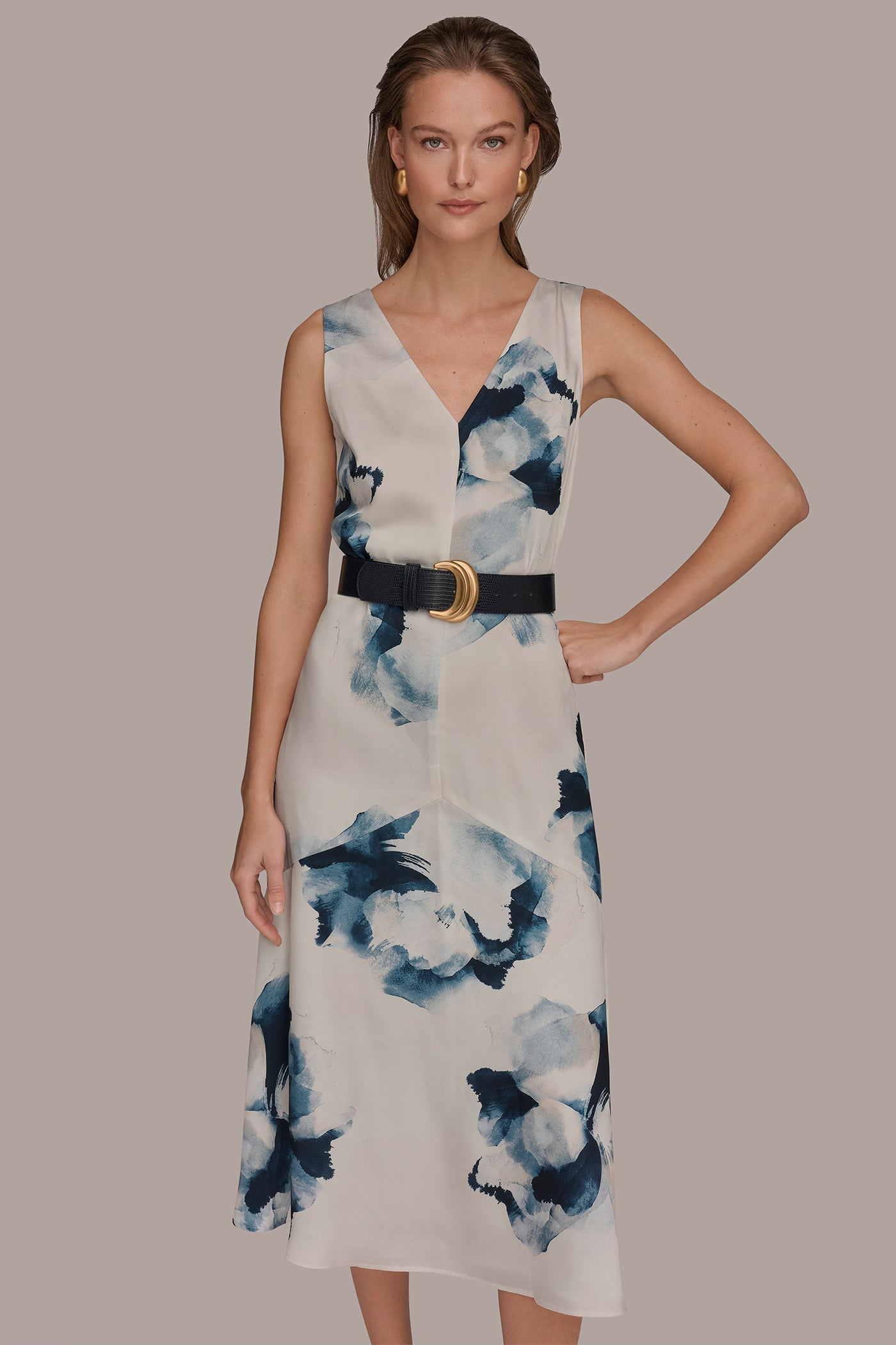 Nightfall/Sea Mist V-NECK FLORAL DRESS Donna Karan