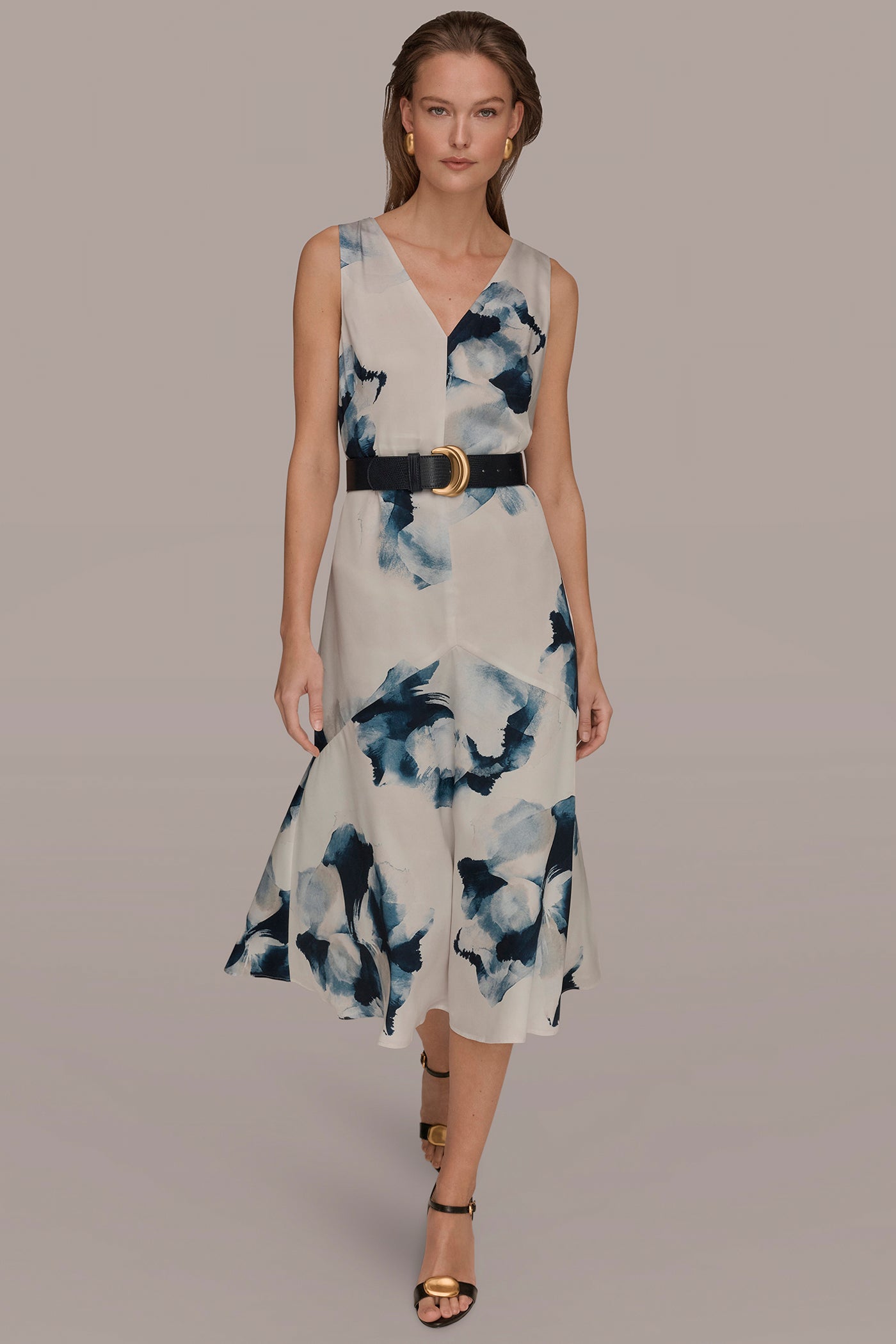 Nightfall/Sea Mist V-NECK FLORAL DRESS Donna Karan