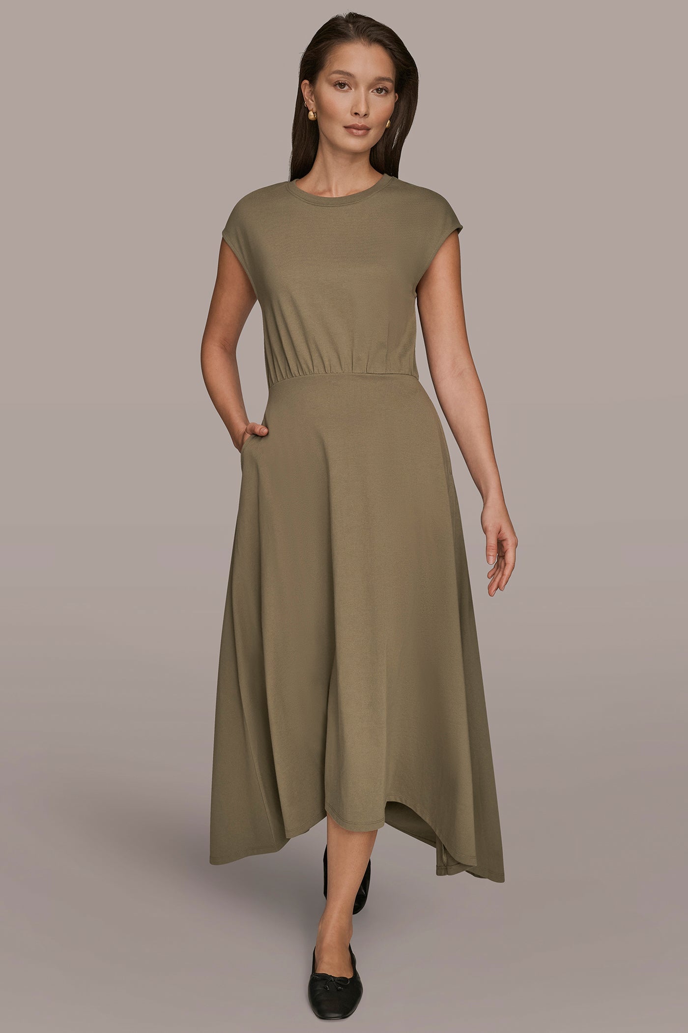 KHAKI GREEN CAP SLEEVE CREW NECK DRESS Donna Karan