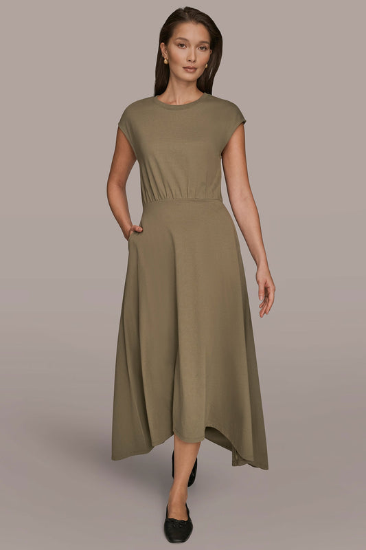 KHAKI GREEN CAP SLEEVE CREW NECK DRESS Donna Karan