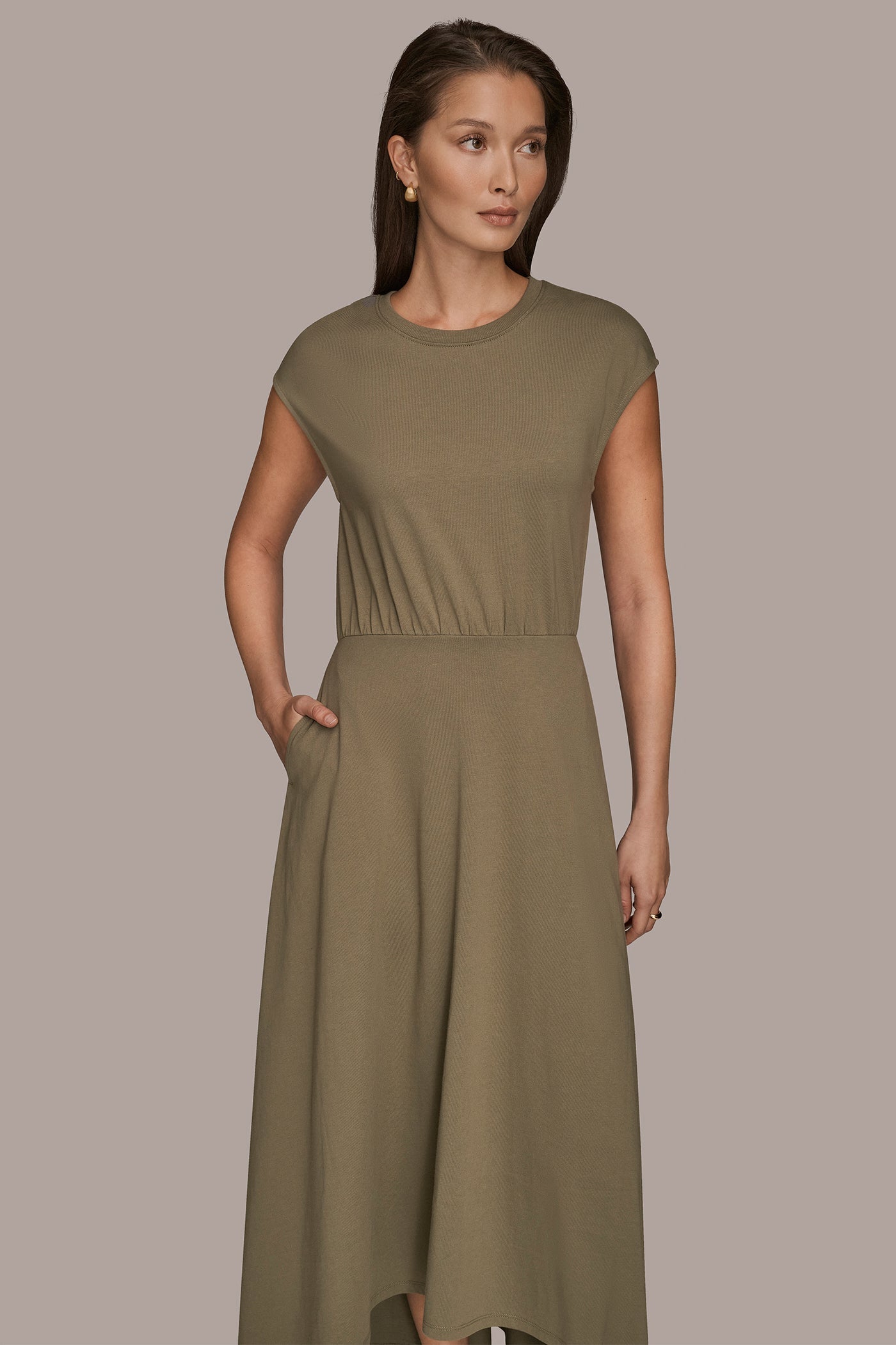KHAKI GREEN CAP SLEEVE CREW NECK DRESS Donna Karan