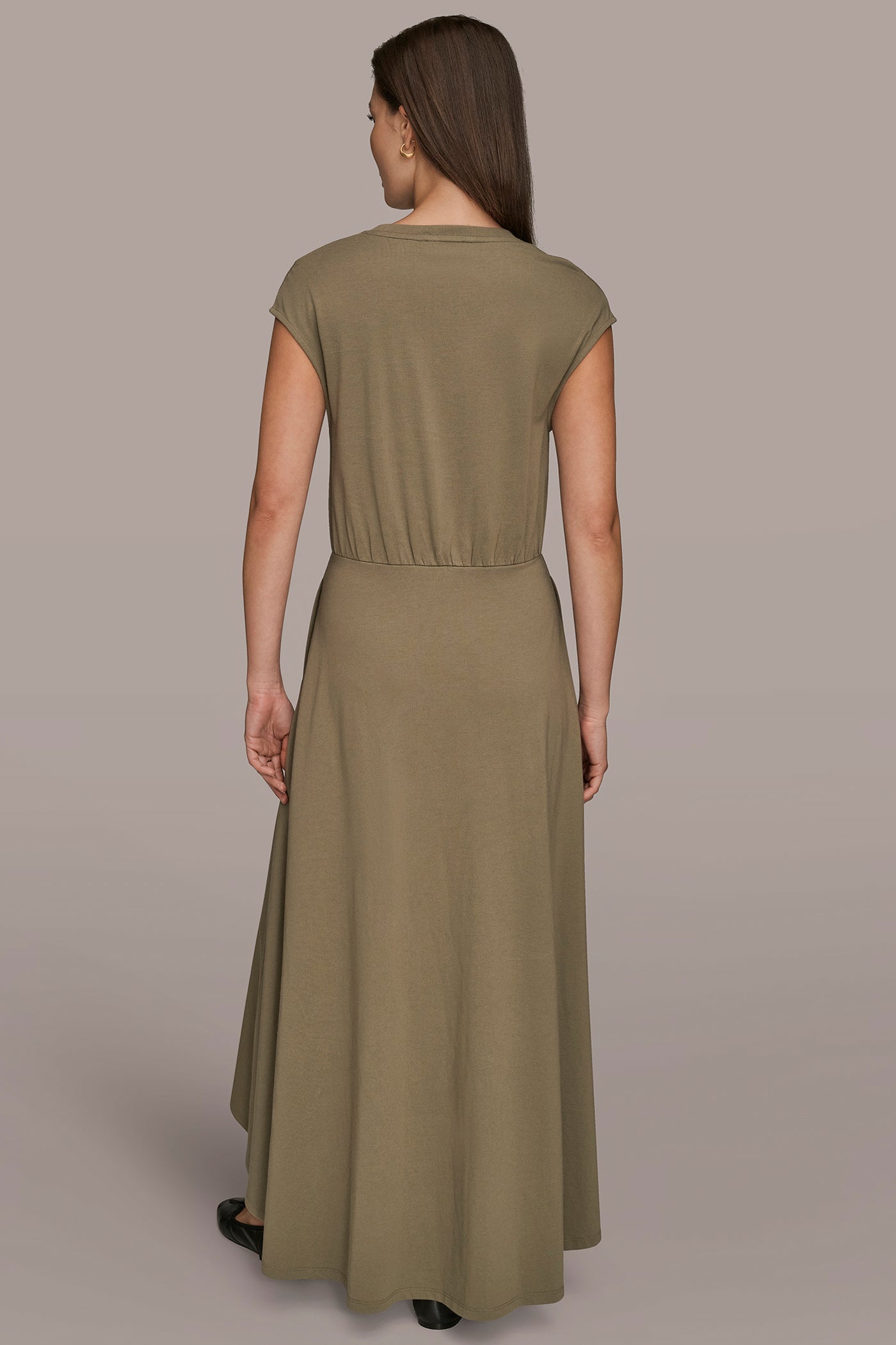 KHAKI GREEN CAP SLEEVE CREW NECK DRESS Donna Karan