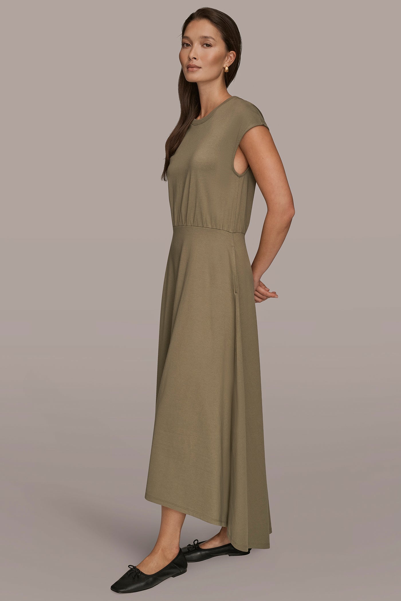 KHAKI GREEN CAP SLEEVE CREW NECK DRESS Donna Karan