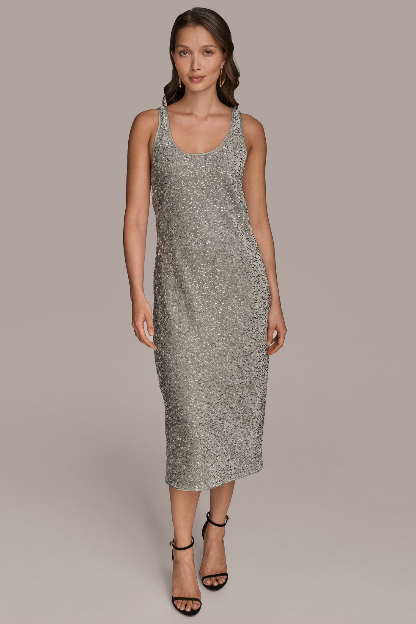 WEATHERED SAGE/SILVER SLEEVELESS BEADED VELVET MIDI DRESS Donna Karan