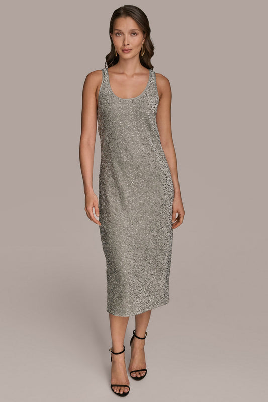 WEATHERED SAGE/SILVER SLEEVELESS BEADED VELVET MIDI DRESS Donna Karan