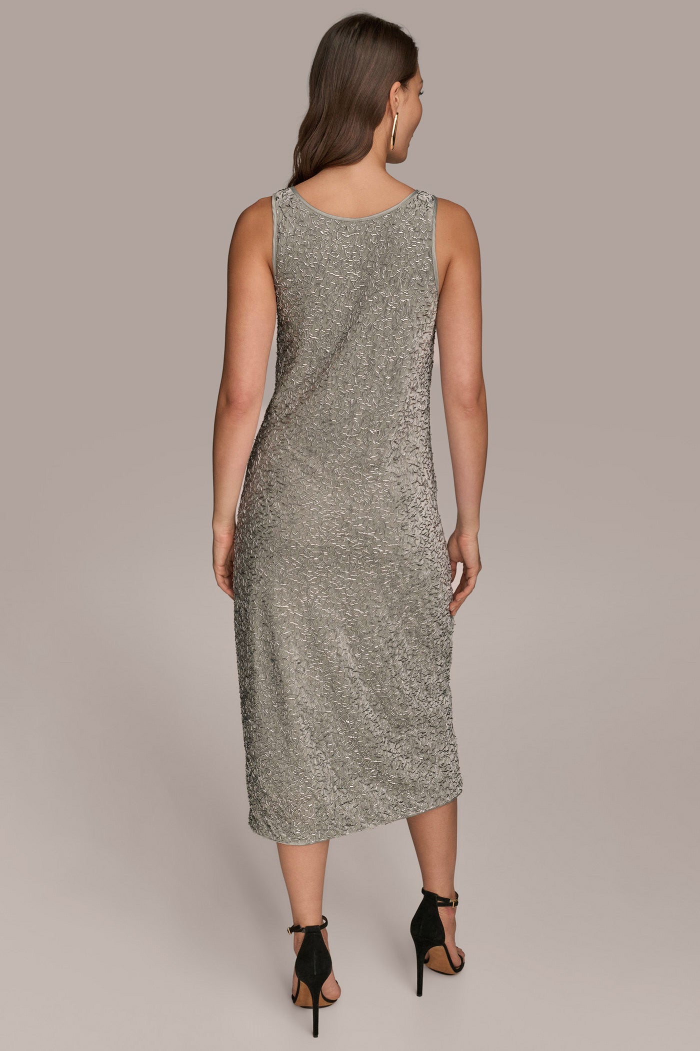 WEATHERED SAGE/SILVER SLEEVELESS BEADED VELVET MIDI DRESS Donna Karan